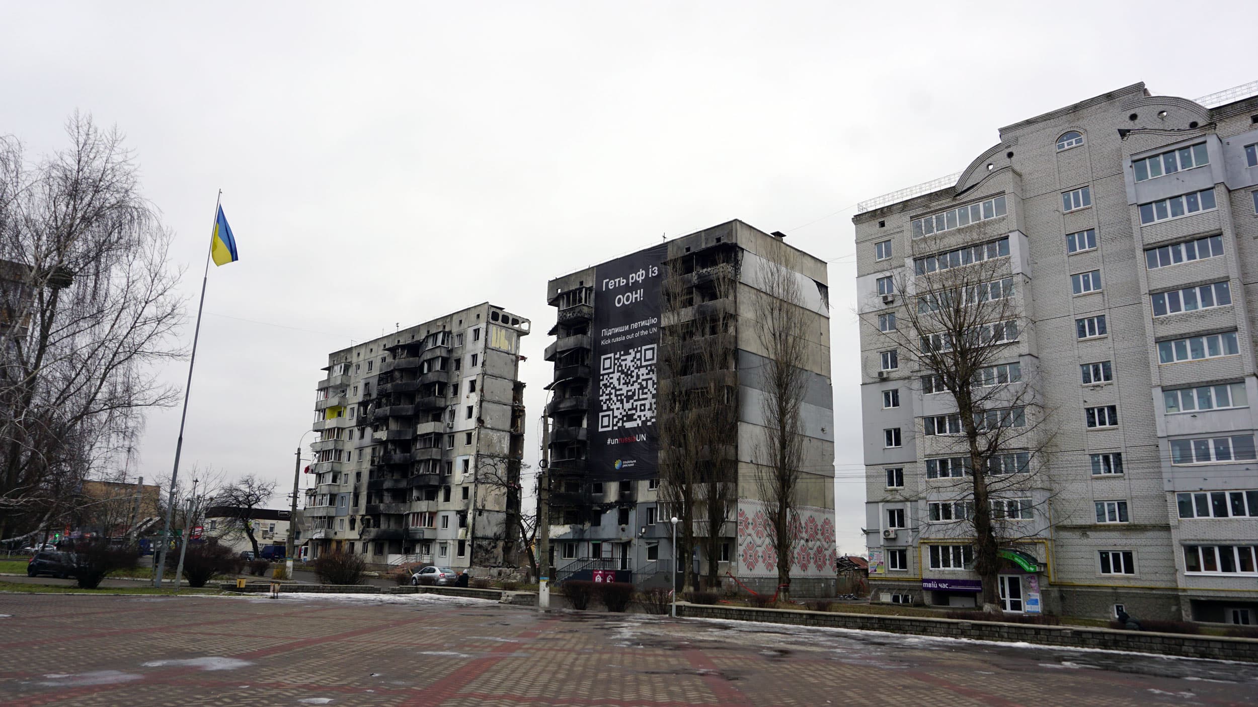 Buildings on Central Street in Borodyanka, a Kyiv suburb, were directly struck by Russian missiles.