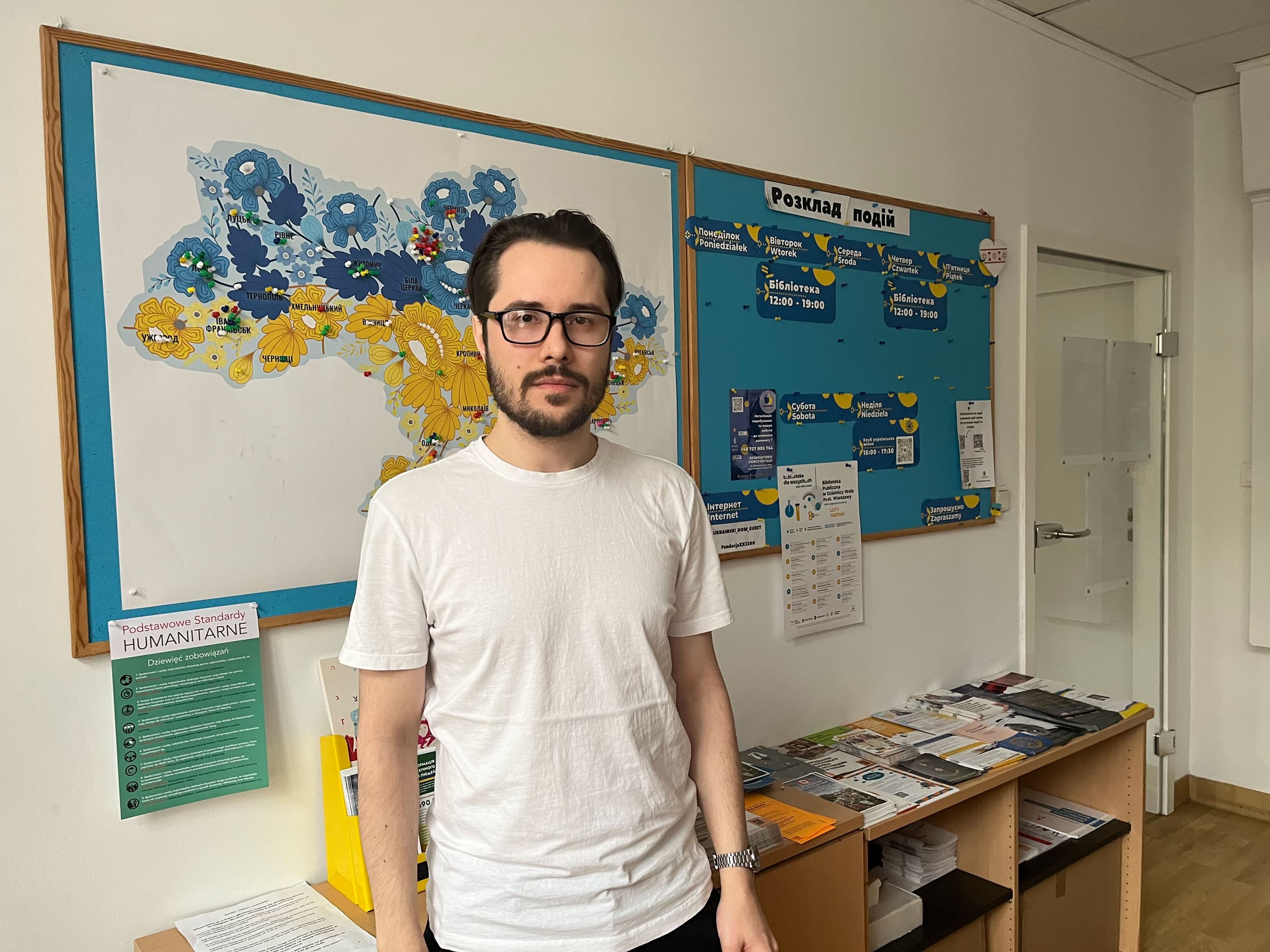 Dmitri Bilecki works at the The Ukrainian House, a crisis response center that sources accommodation for Ukrainians arriving in Poland.