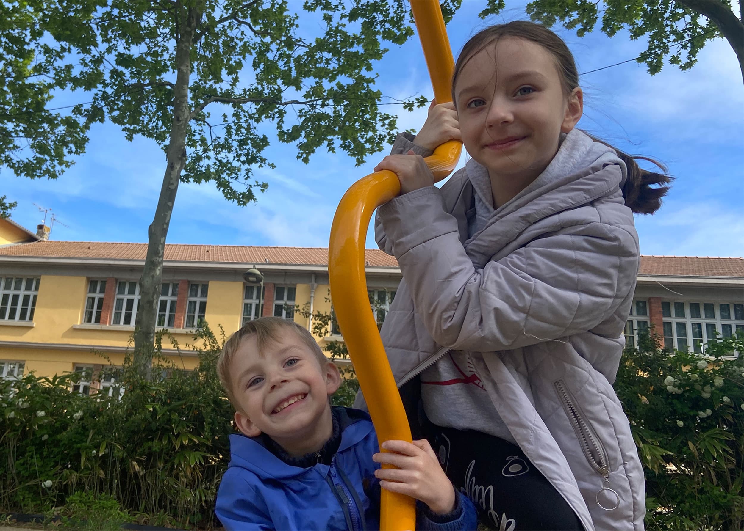 Akim and his 14-year-old sister, Agata, enjoying a sunny morning in Cazilhac, France. When they first arrived after fleeing Ukraine they would flinch at the sound of airplanes passing overhead.