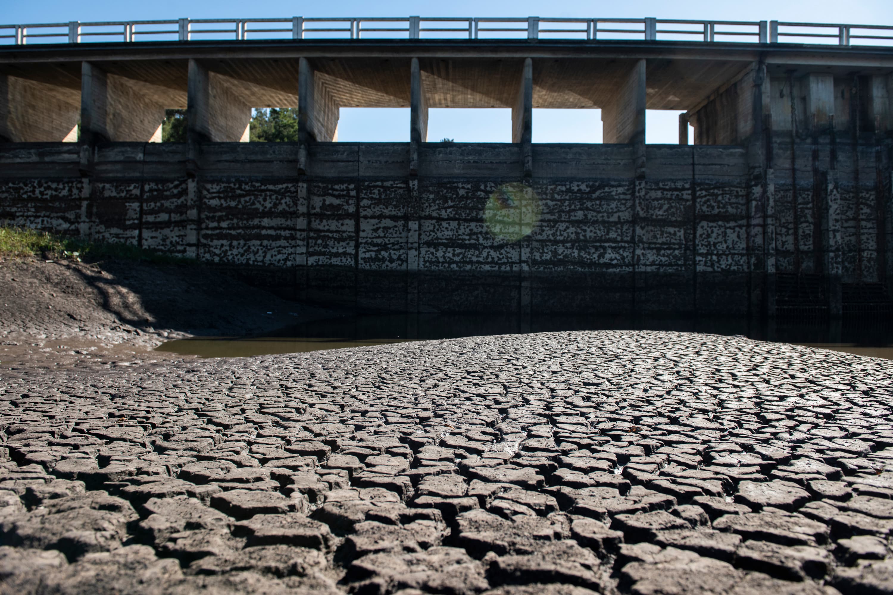 Low water levels are seen at the Canelon Grande Reservoir, which supplies water for the city of Montevideo, in the department of Canelones, Uruguay, May 15, 2023.