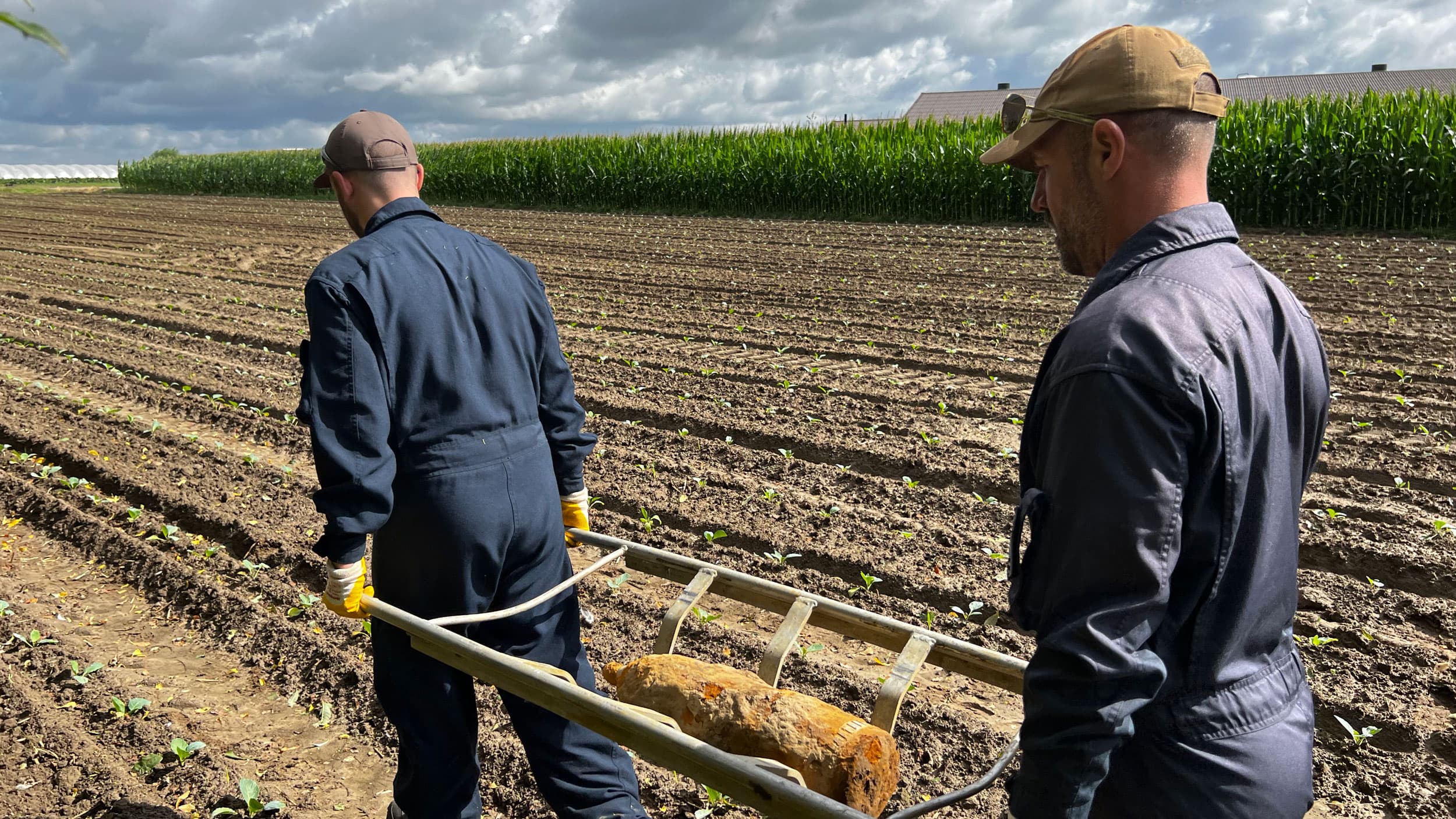 Two members of DOVO, the Belgian military’s bomb disposal unit, remove a six-pound high explosive artillery shell produced in about 1917 from a farm field near Ieper, Belgium on Tuesday, Aug. 1, 2023.