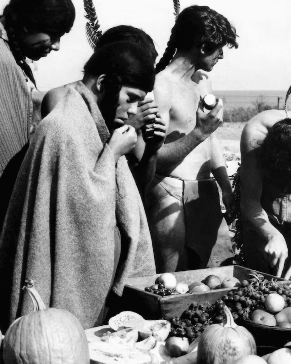 Native Americans depicted at the first Thanksgiving feast, in a 1960 film about the Pilgrims’ first year in America.