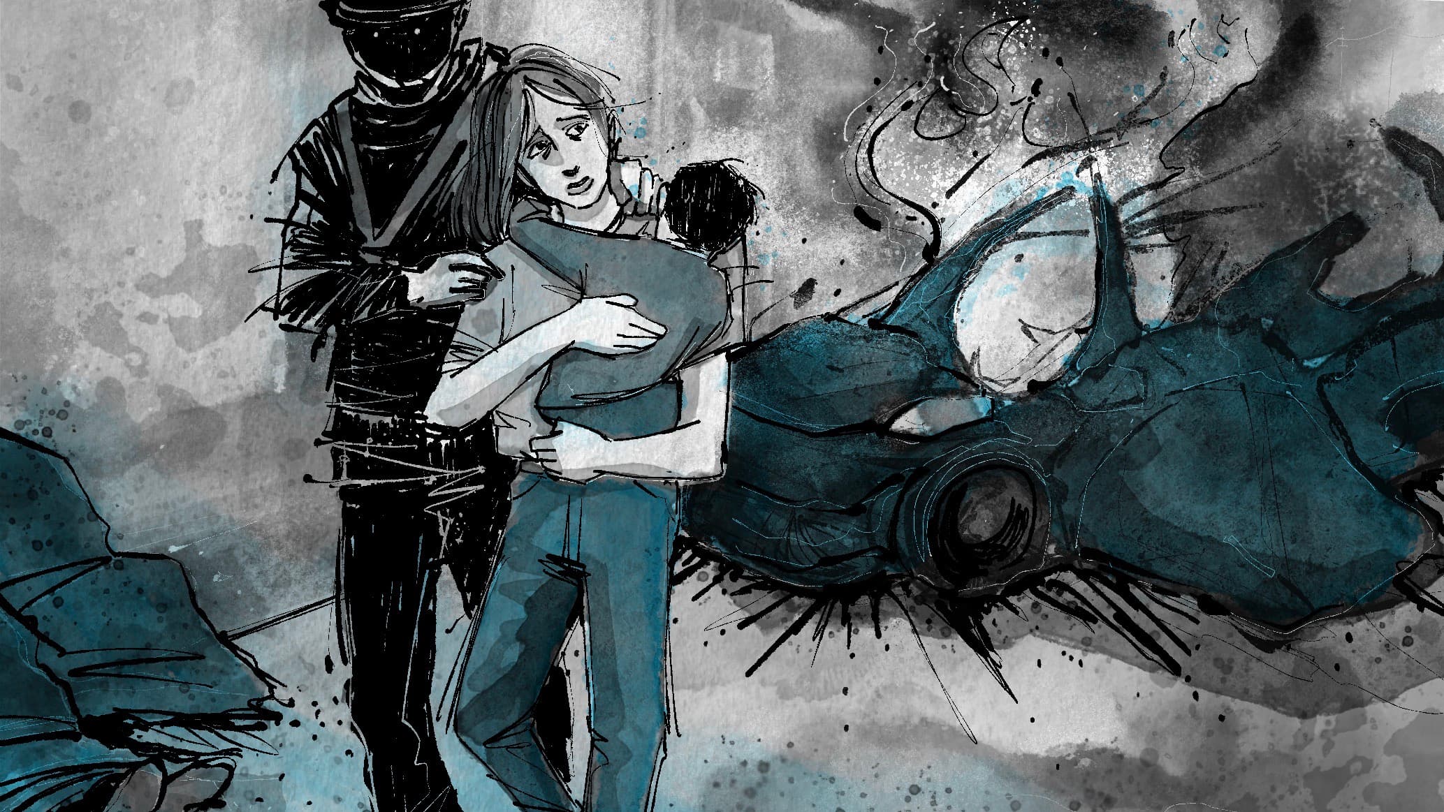 Illustration of a woman holding a baby and being led by a dark authority figure