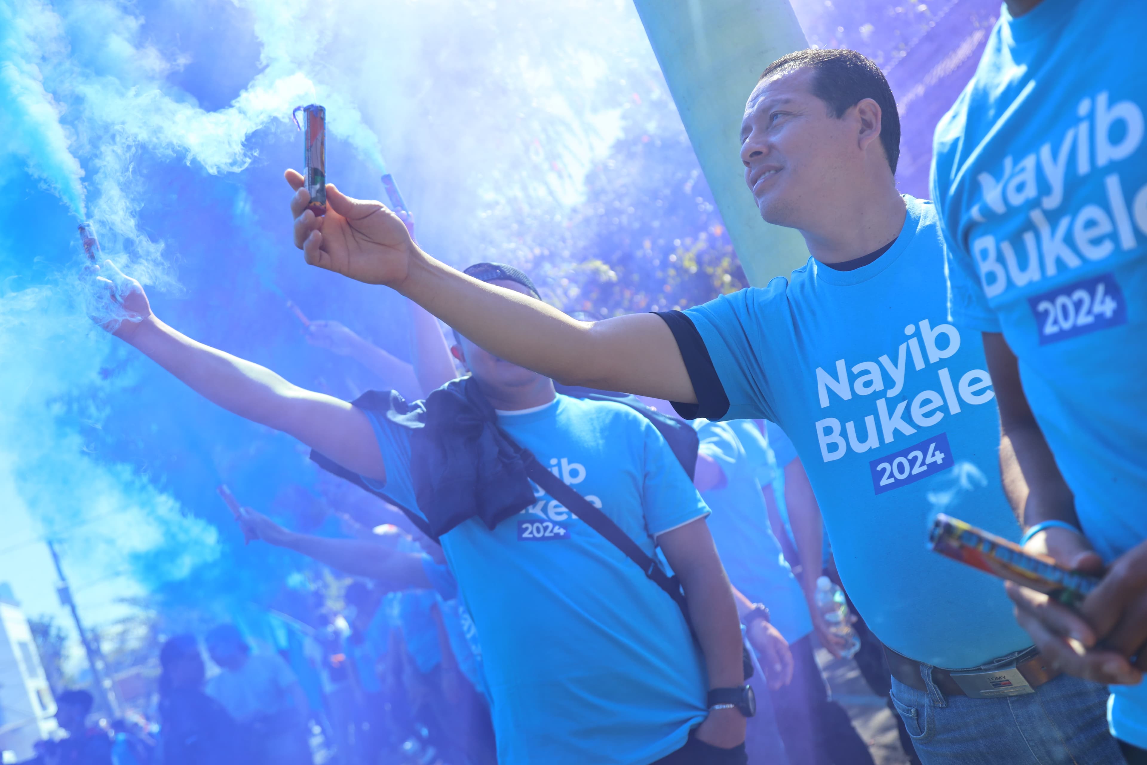 Supporters of the extraordinarily popular President Nayib Bukele outside a polling station in El Salvador.