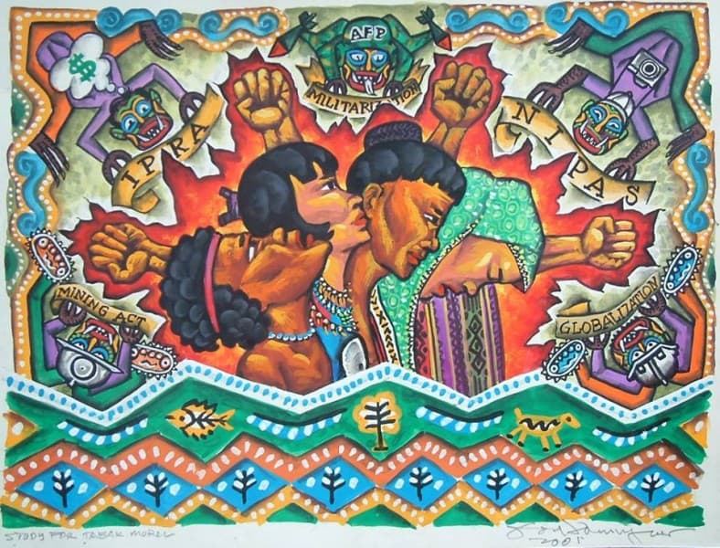 Aside from exposing the negative impact of militarization, the painting also shows how government laws unfairly discriminate against the Philippines’ ethnic communities. Painting by Federico Boyd Sulapas Dominguez.