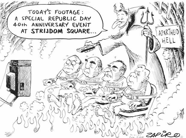 On May 31 2001, the 40th anniversary of South Africa becoming a republic, a massive sculptured head of 1950s Apartheid leader J.G. Strijdom crashed and tumbled into a parking garage below in Pretoria. The large granite monument plaza dedicated to Strijdom