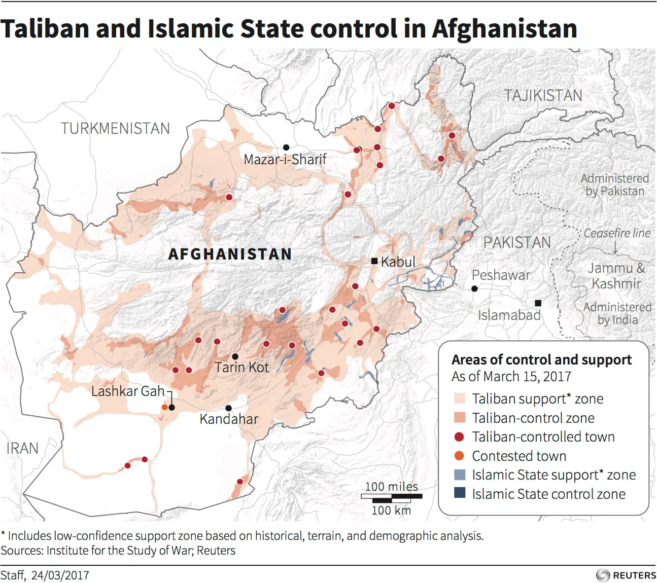 Map showing Taliban and ISIS control in Afghanistan