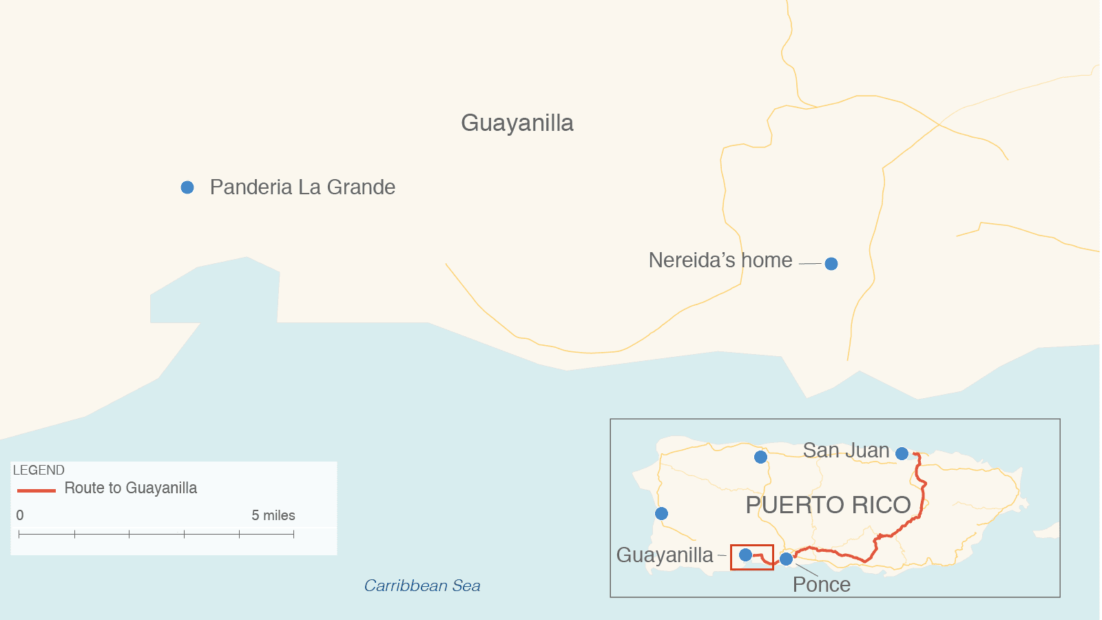 A map shows the route reporters took to Guayanilla, on the southern coast of Puerto Rico.