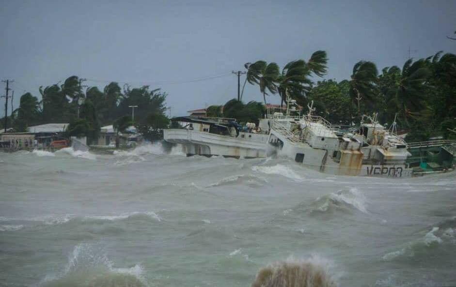 Ocean waves from a typhoon pound the coast of Majuro, Marshall Islands.