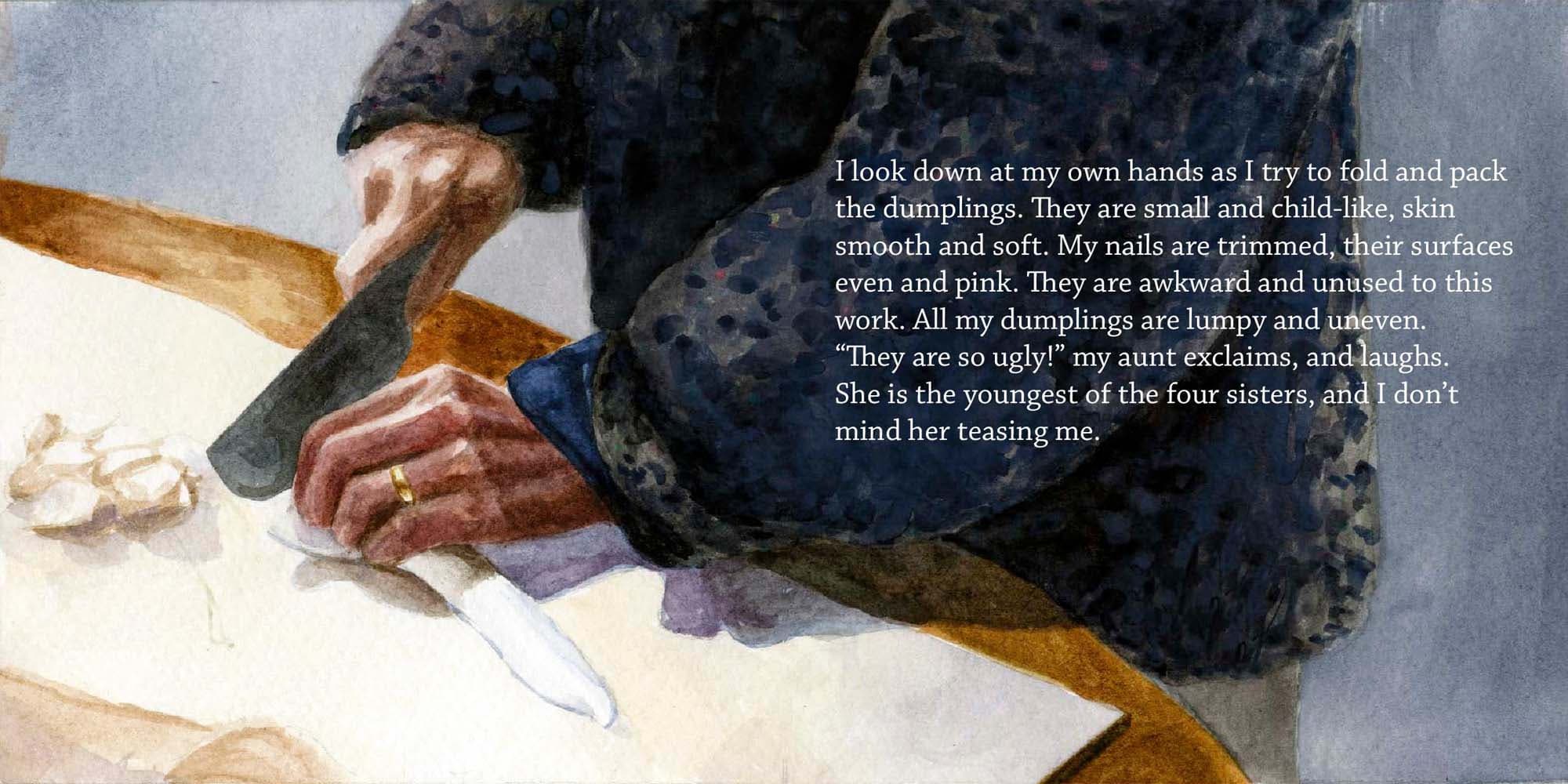 Hands cook, cutting pieces of dough