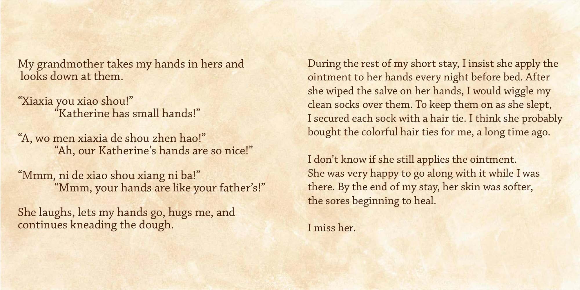 Text about trying to heal grandmother's hands