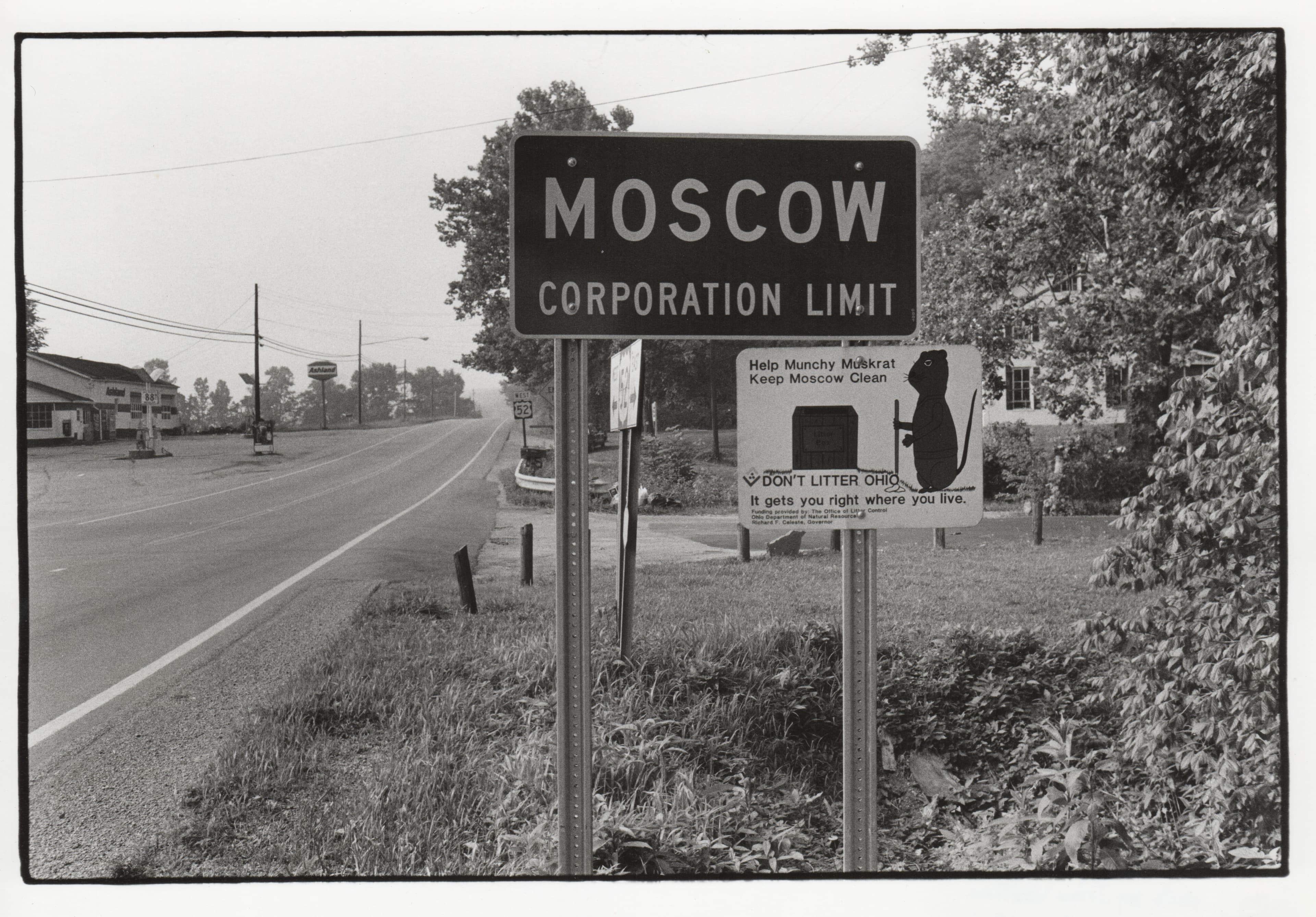 A road sign in Moscow, Ohio in 1987.