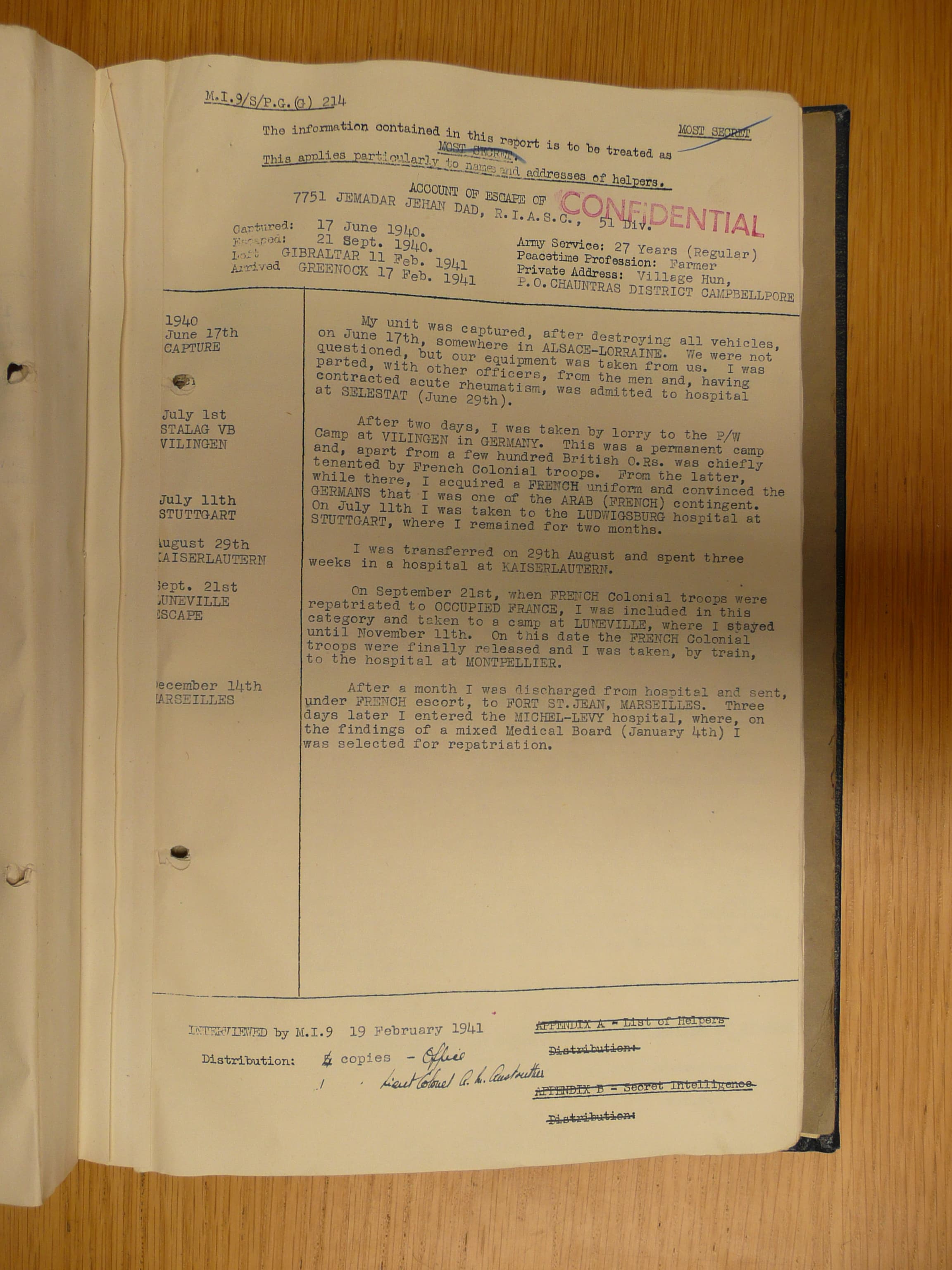 British intelligence report on the escape Jemadar Jehan Dad