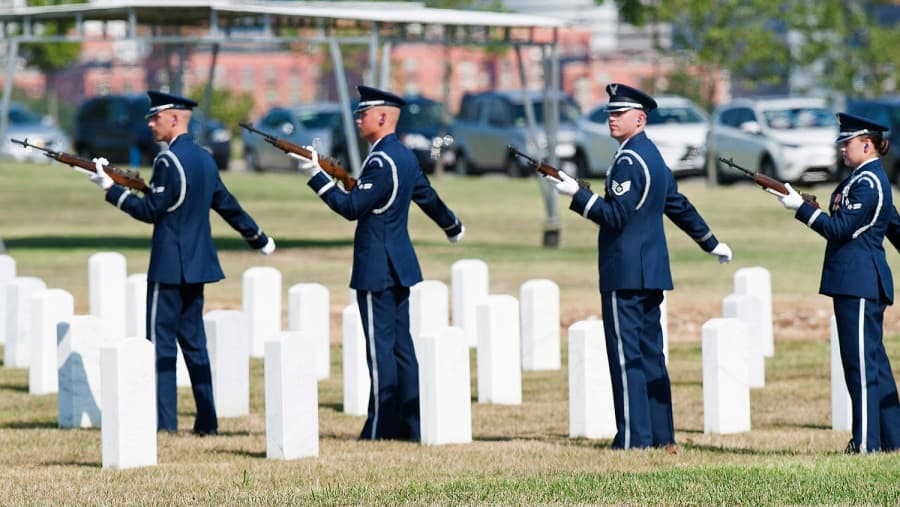 The funeral service for World War II WASP pilot Elaine Harmon at Arlington National Cemetery on Sept. 7, 2016.