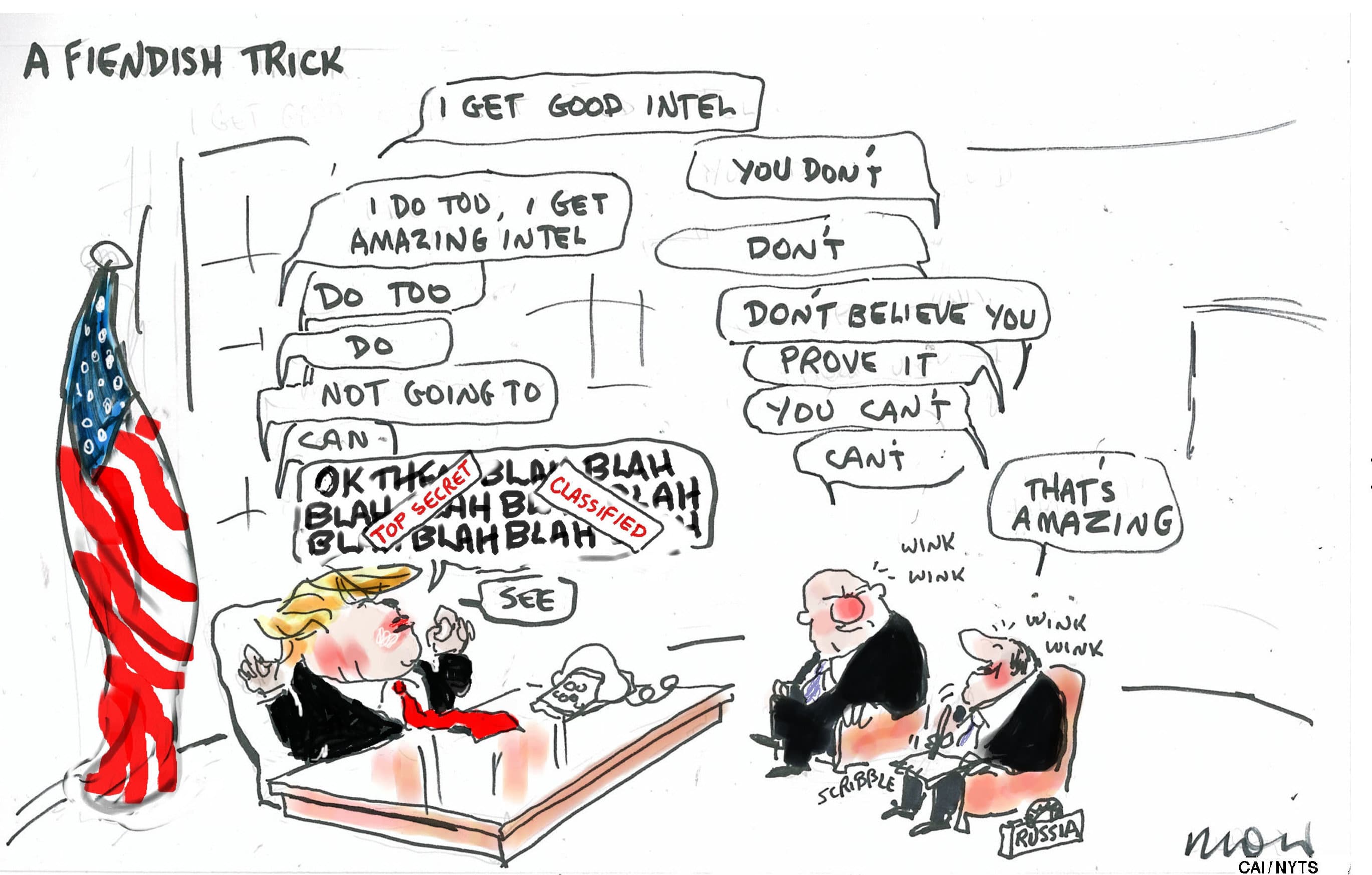 Cartoon showing Trump boasting and the intelligence he has and then telling it to the Russians.