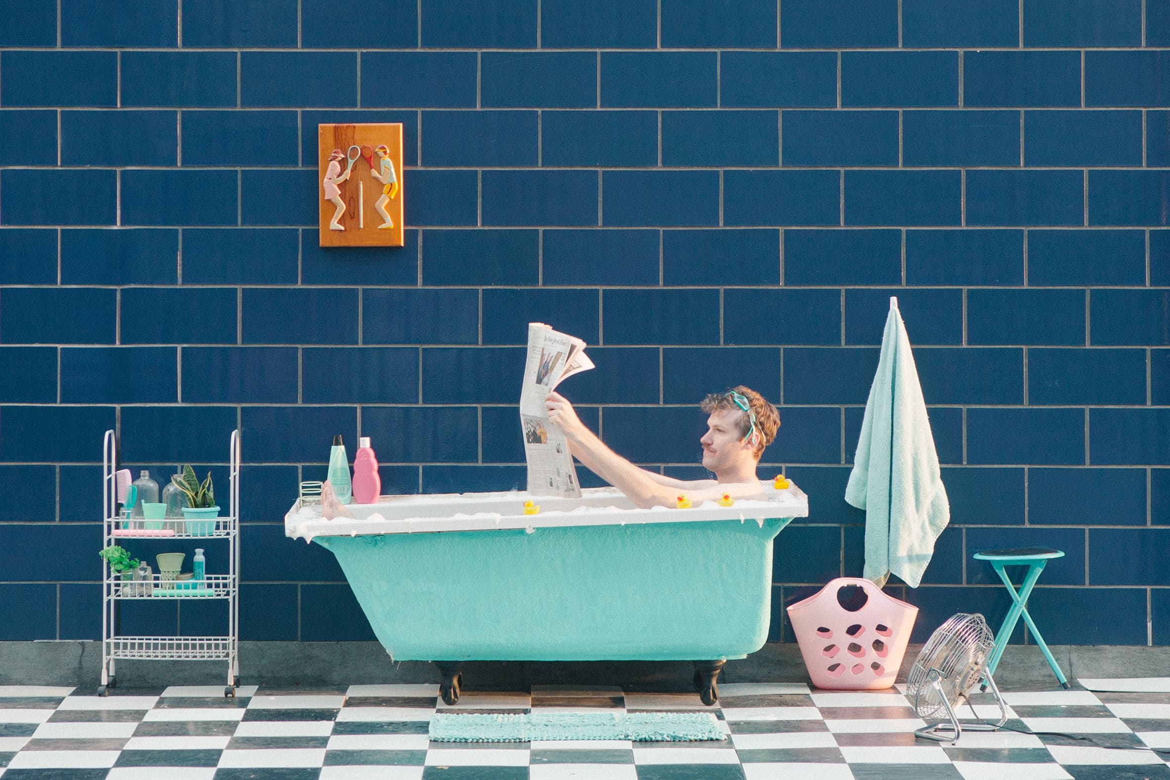 The toughest thing about creating this bathroom scene was finding just the right tiled wall. They found it using Google Street View.