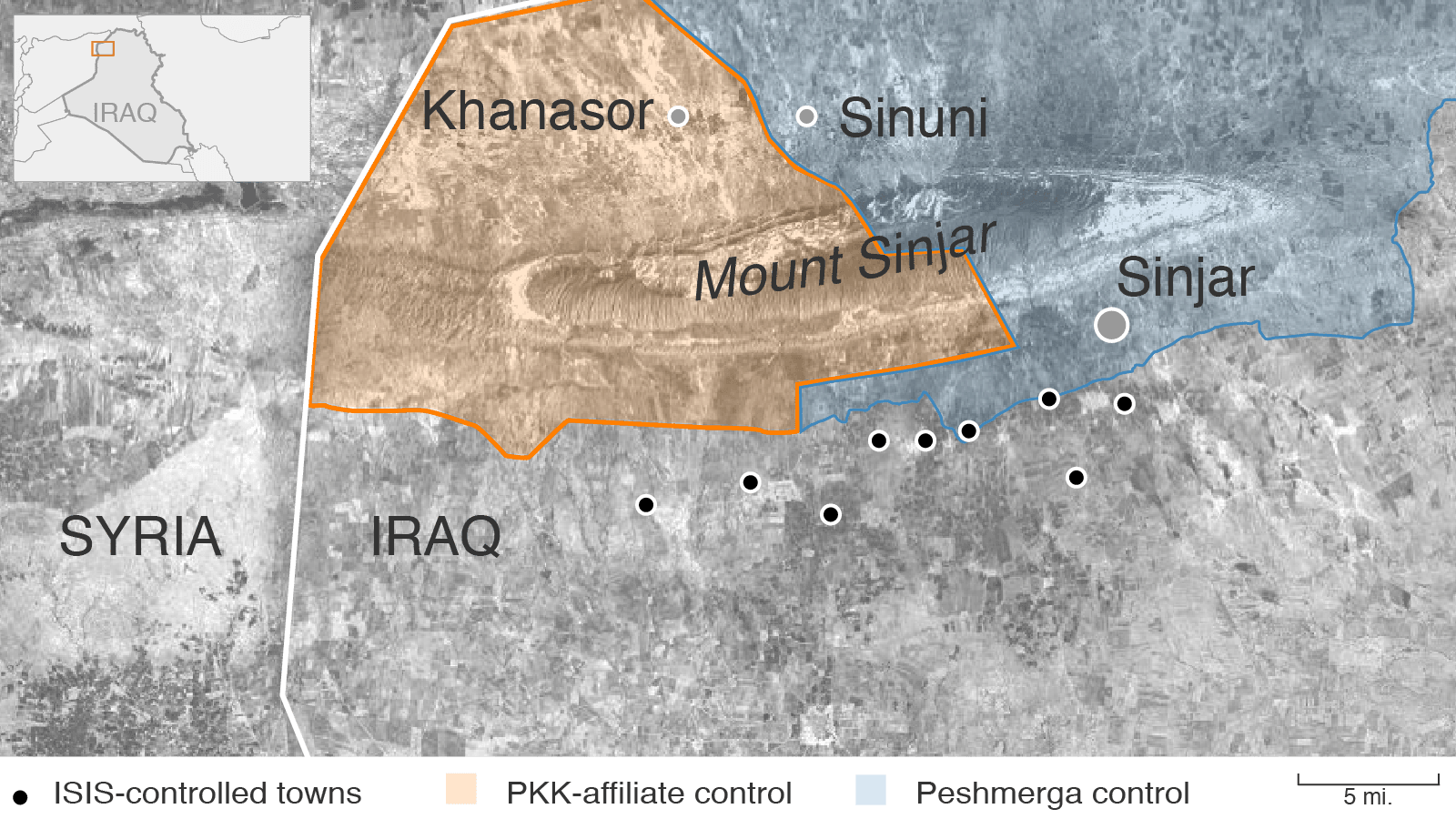A map of Sinjar Mountain in Northern Iraq shows competing factions in the area. To the south are towns controlled by ISIS; to the east, Peshmerga-controlled areas and to the west, PKK-affiliate areas. Yazidis have had to flee to Mount Sinjar for safety.