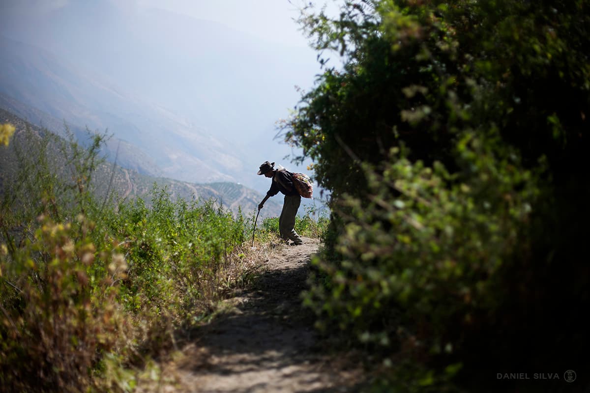 Parán resident Lorenzo Torres walks to the town center to buy food; Torres is blind, and the walk usually takes him about two hours.