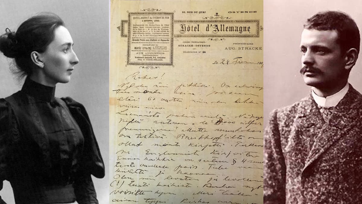 Aino and Jean Sibelius flanking a letter written by Jean to Aino.