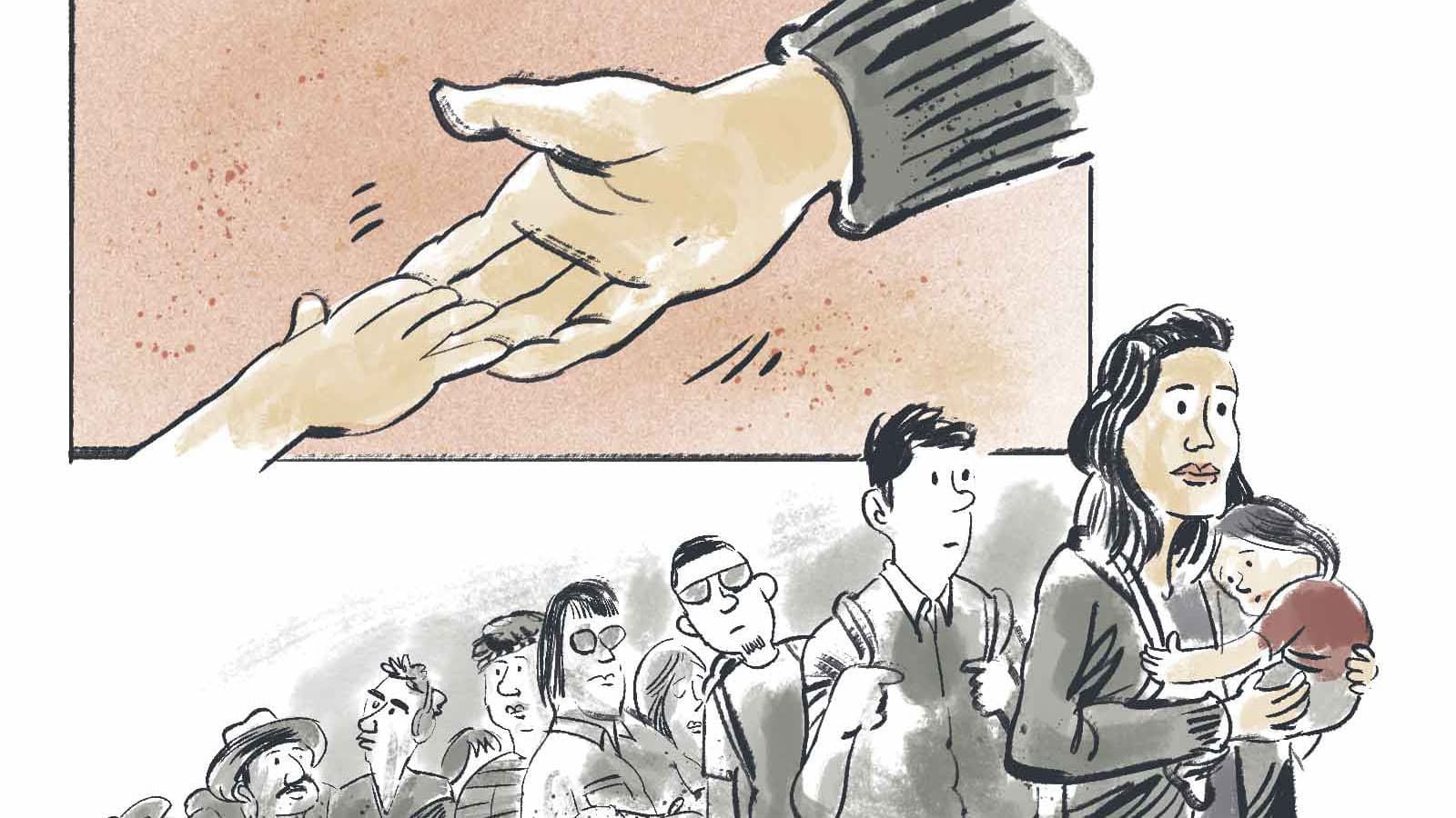 A woman holding a baby waits in line, above an open helping hand is extended.