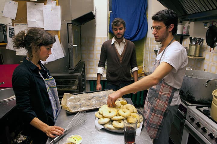 Elena Narbutaitė, Menachem Kaiser and Jake Levine, October 15, 2010, preparing bagels for the first public bagel party and presentation of the Vilnius Bagel Project. Yalta Restaurant kitchen, Vilnius, Lithuania.