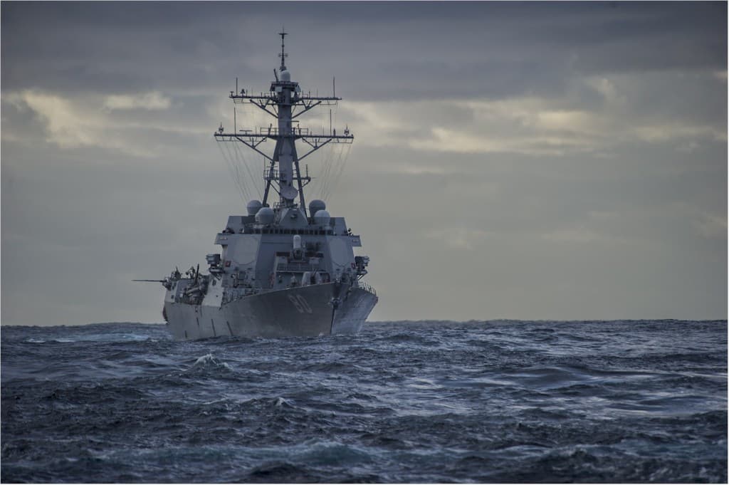The Arleigh Burke-class guided-missile destroyer USS Roosevelt (DDG 80) at sea last month. US Navy SEALs operating off the Roosevelt seized the oil tanker, Morning Glory, late Sunday in international waters near Cyprus.