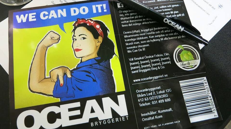 The beer label for the first ever beer brewed by the social beer drinking group for Swedish women, Fem Ale. It's a hopped pale ale with the name, "We Can Do It."