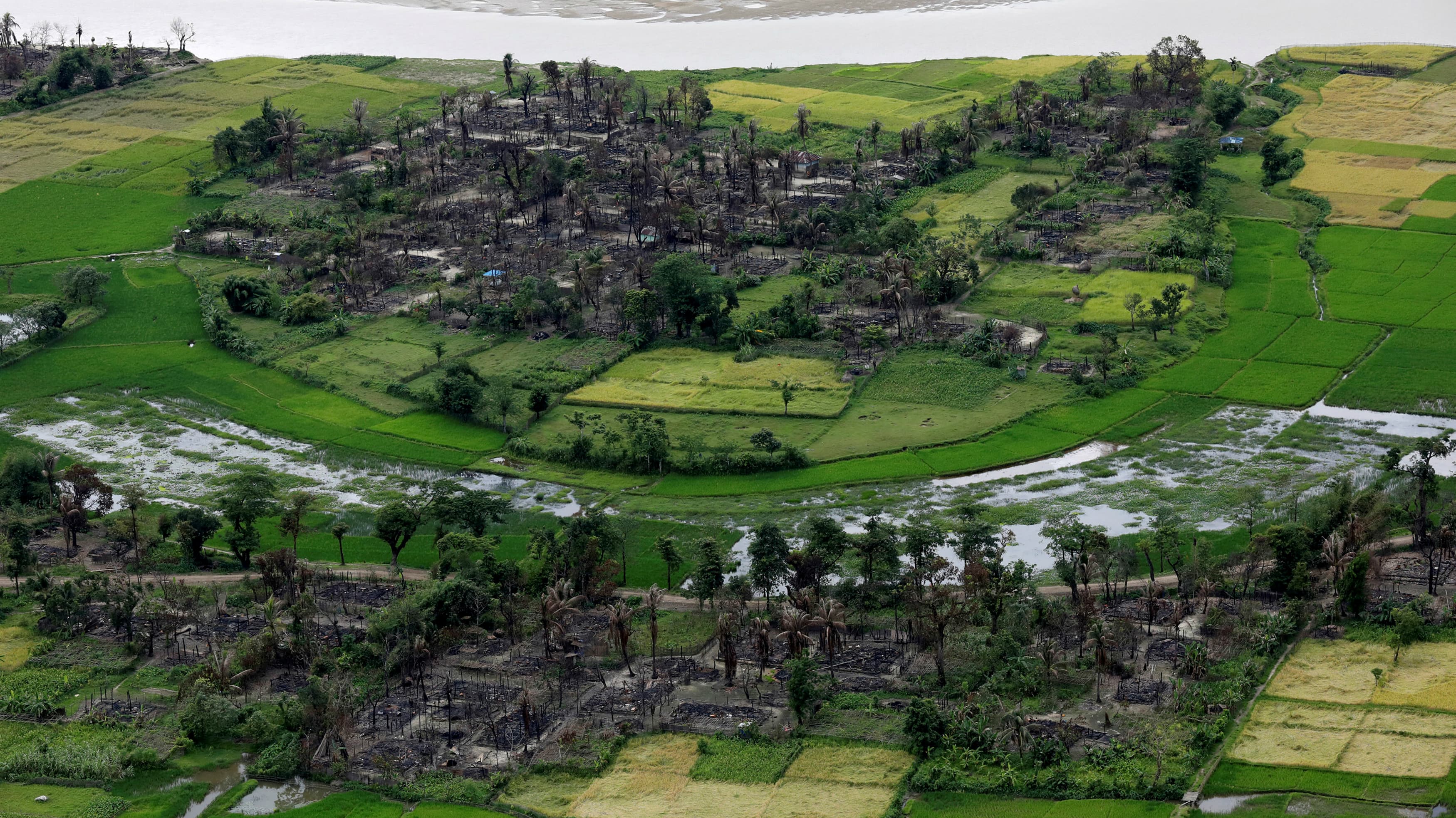 Aerial view of a burned Rohingya village near Maungdaw, north of Rakhine State, Myanmar, Sept. 27, 2017.