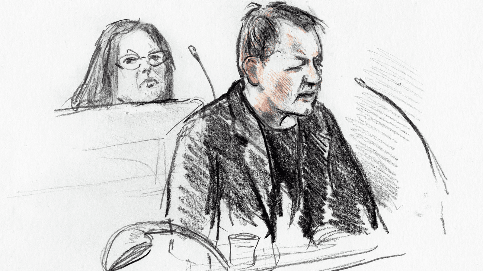 A courtroom sketch shows Peter Madsen during the trial regarding the killing of Swedish journalist Kim Wall, in Copenhagen, Denmark, on April 25, 2018.