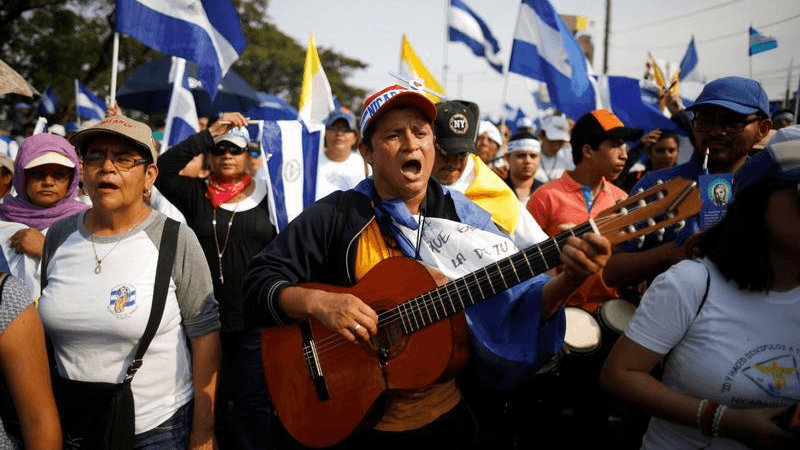 People take part in a protest march to demand an end to violence in Managua, Nicaragua, April 28, 2018.