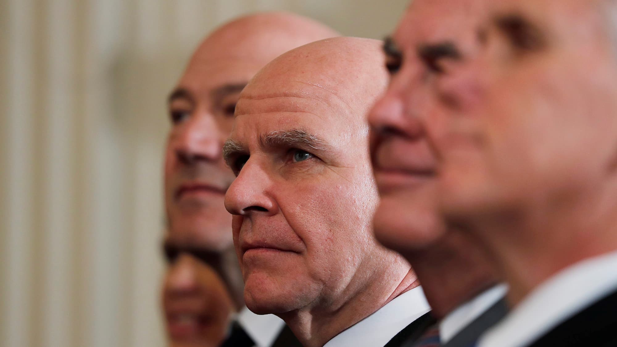 In this close-up shot, former National Security Advisor H.R. McMaster listens as he sits between former White House economic advisor Gary Cohn (L), former Secretary of State Rex Tillerson and Vice President Mike Pence (R).