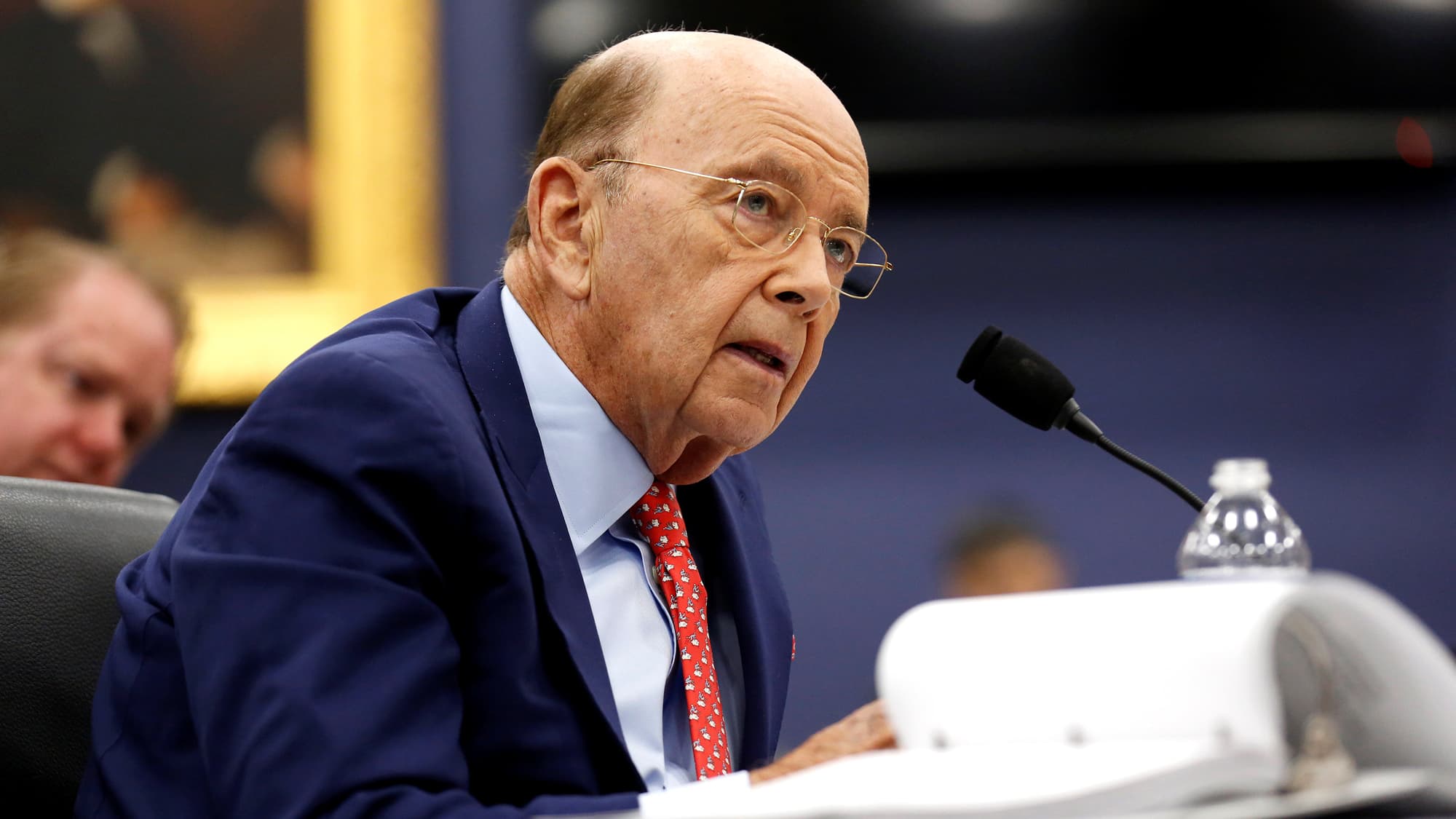 US Secretary of Commerce Wilbur Ross, wearing a blue blazer and red tie, testifies in Washington.