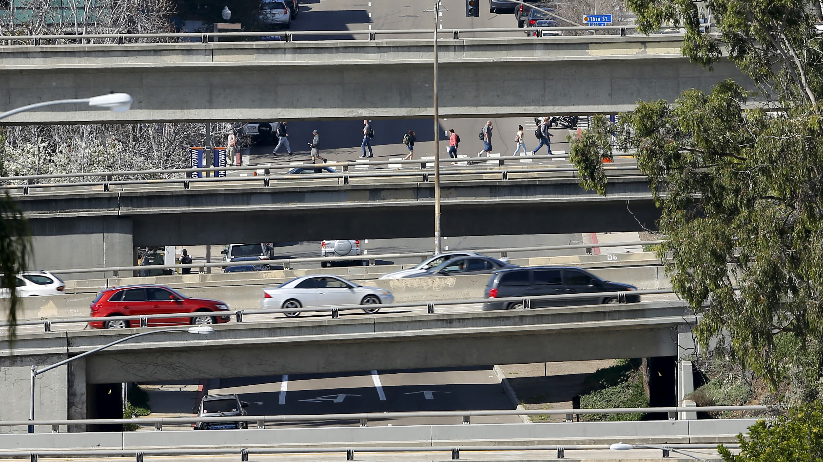 City streets and highway overpasses are shown in San Diego, California.