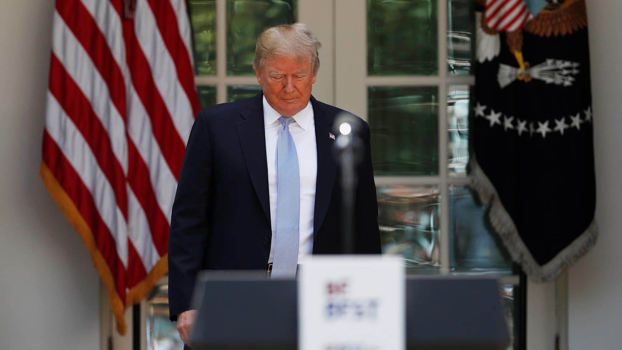 President Donald Trump arrives in the Rose Garden at the White House in Washington DC, May 7, 2018.