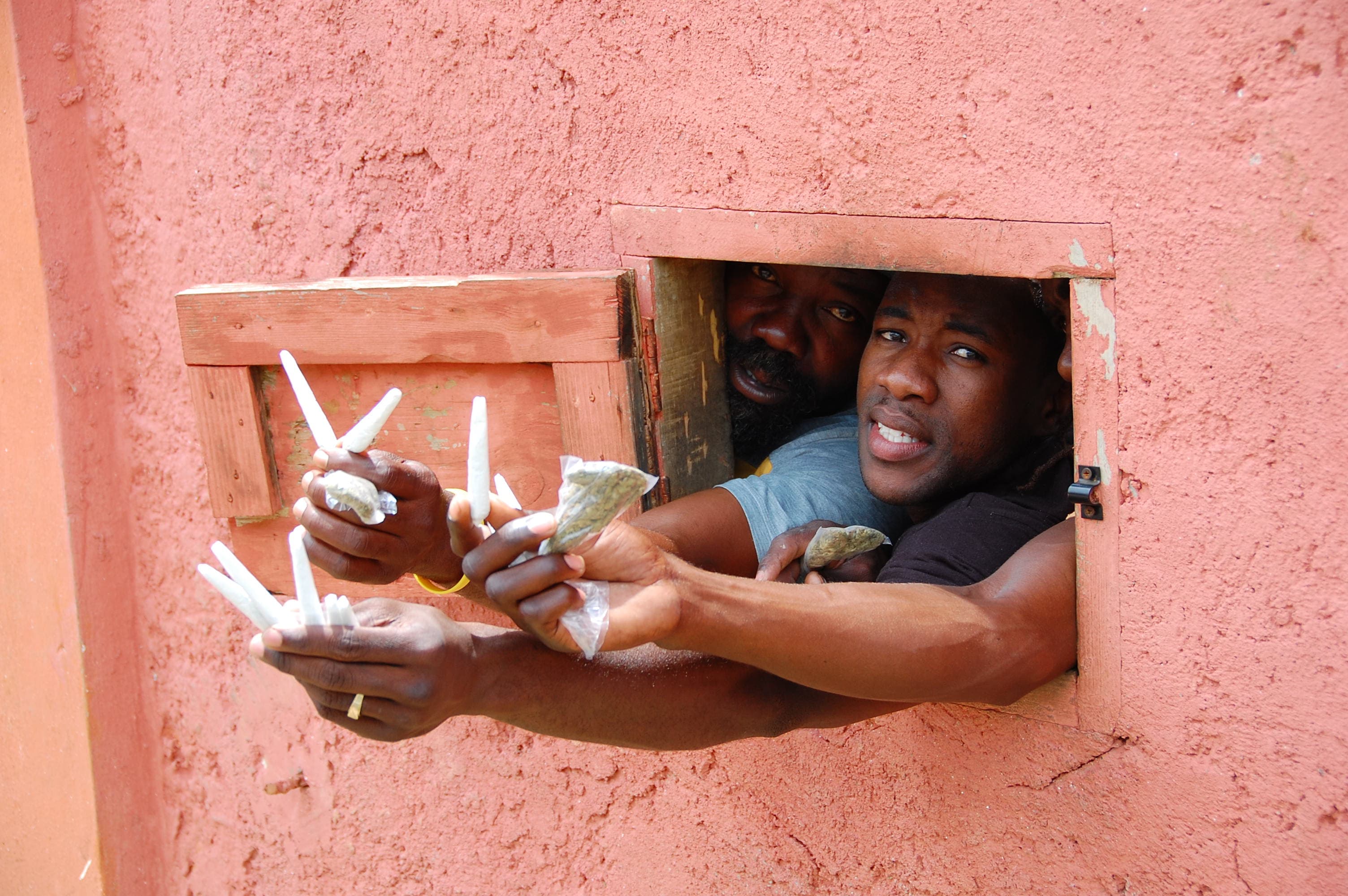 Men hold up marijuana at the house of reggae legend Bob Marley.
