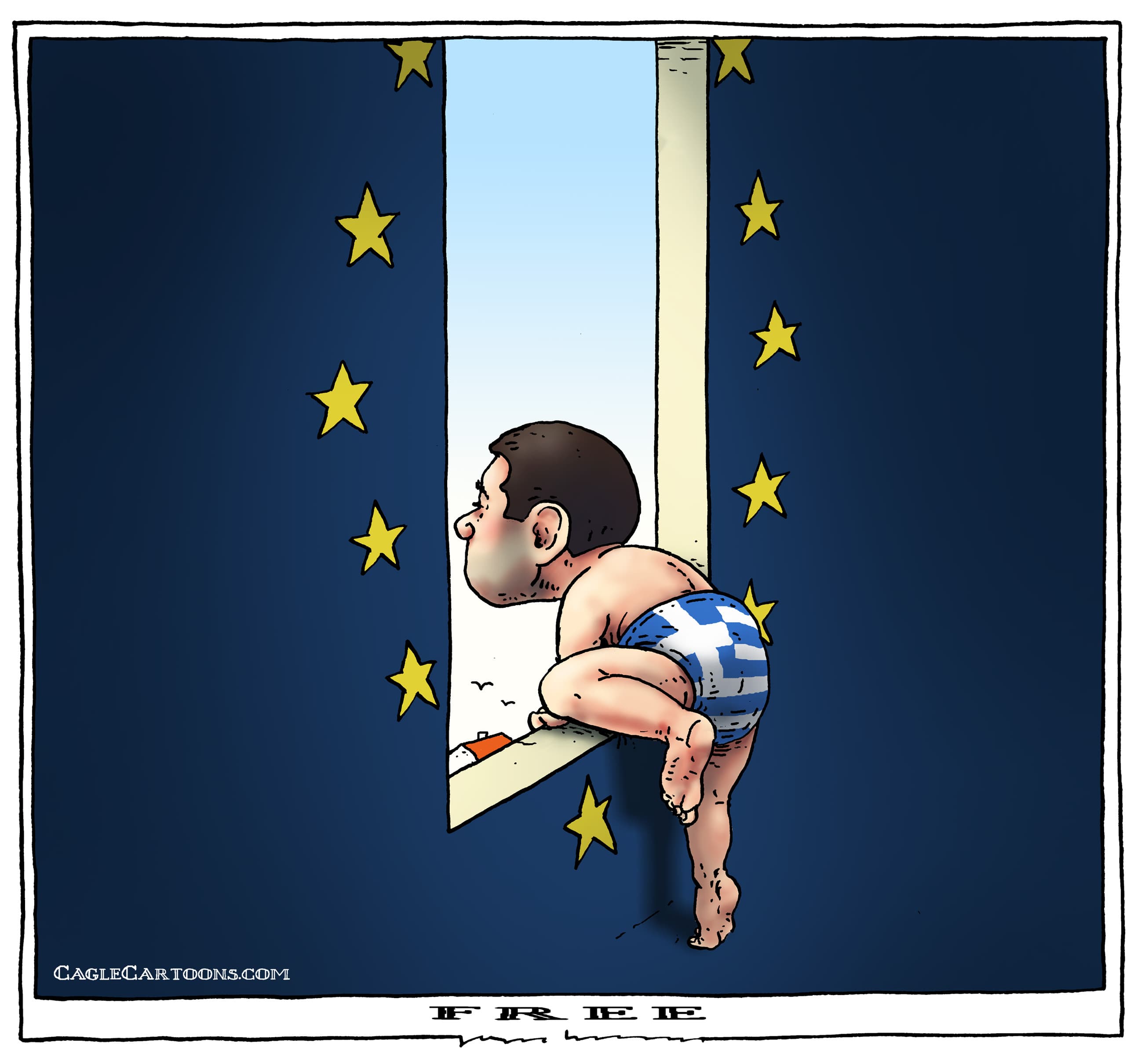 The new, young, leftist Greek Prime Minister Alexis Tsipras wants debt forgiveness and an end to European austerity measures but as you can see, if he exits through the window it's a long way down.