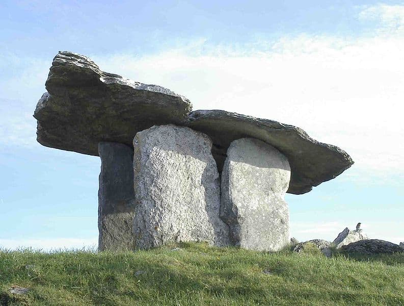 The Poulnabrone dolmen (Poll na mBrón in Irish) is a portal tomb in  County Clare, Ireland, dating back to the Neolithic period, probably built 5-6000 years ago.