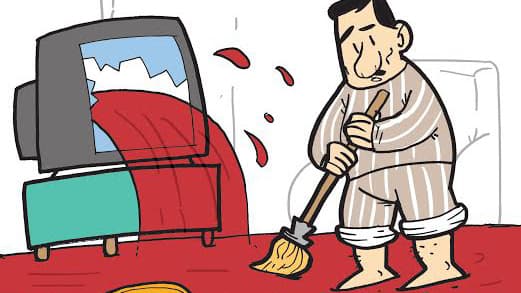 In February, 2014, following two weeks of terror attacks in Egypt, including massive car bombs, Anwar drew this cartoon with blood flowing out of a cracked television screen to illustrate the deadly news being delivered in every broadcast. The homeowner i