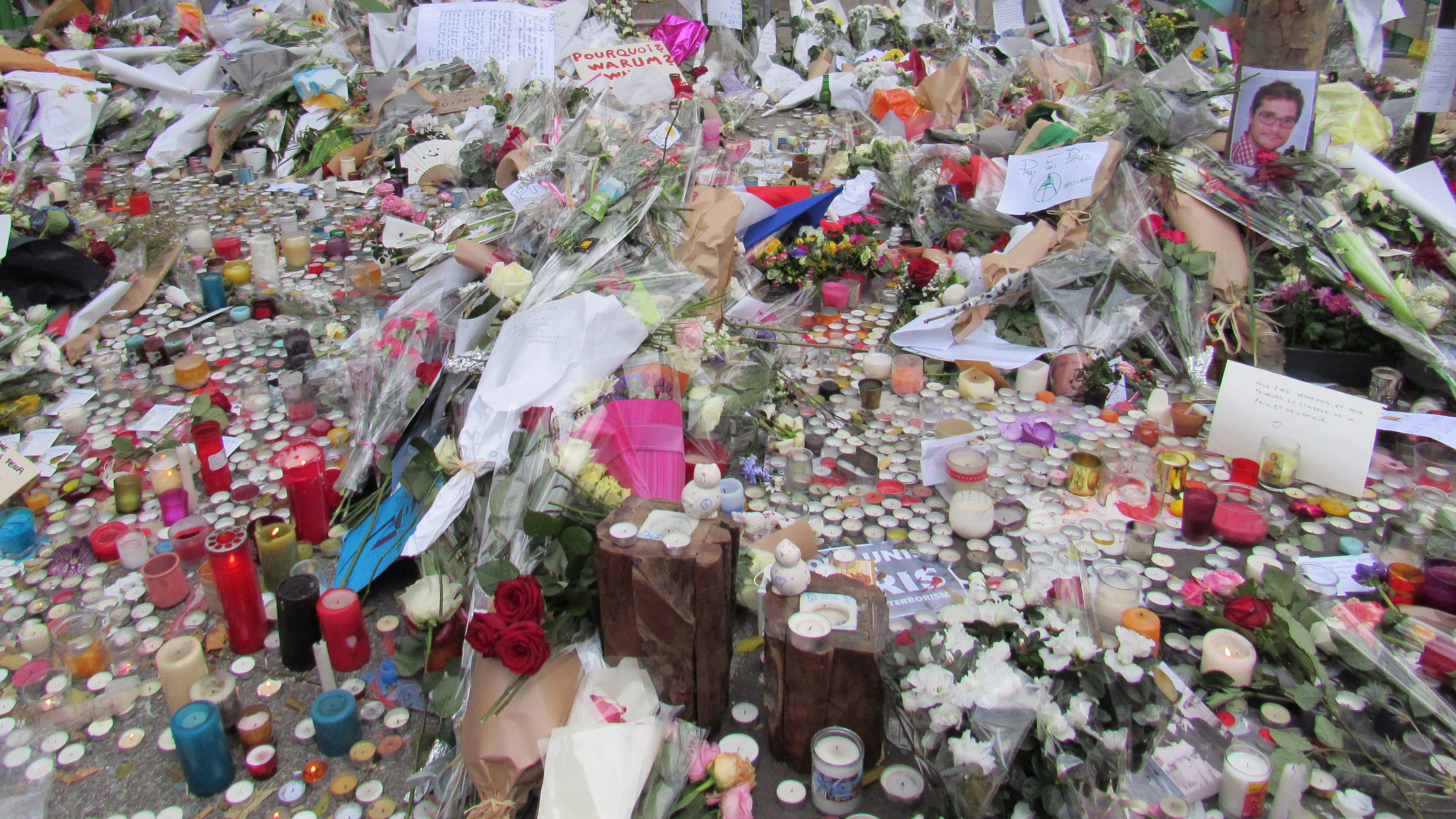 A makeshift memorial outside of the Bataclan concert hall where at least 89 concertgoers were killed and over 200 were wounded.