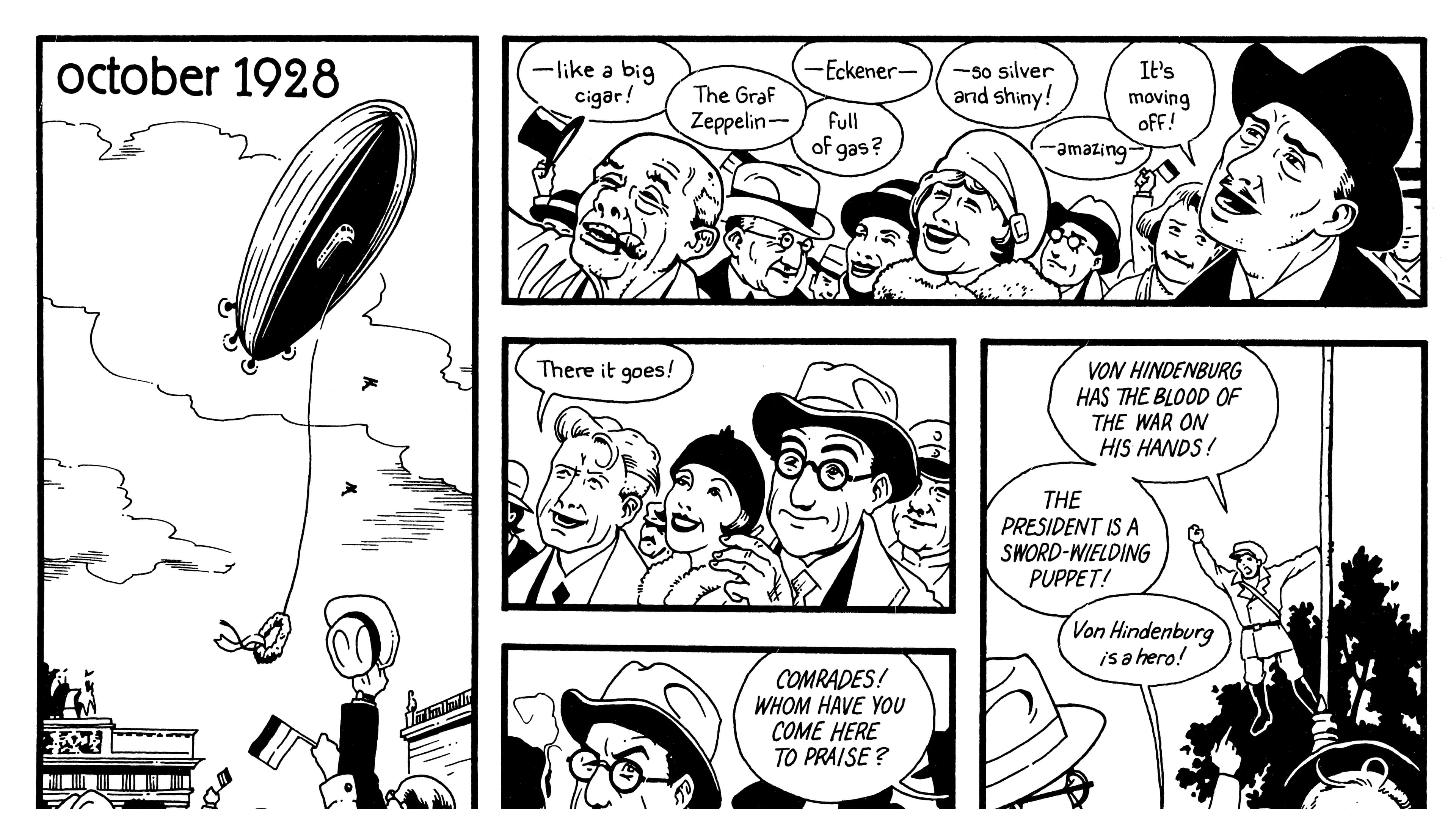 A comic depicting a blimp flight seen by spectators in Germany