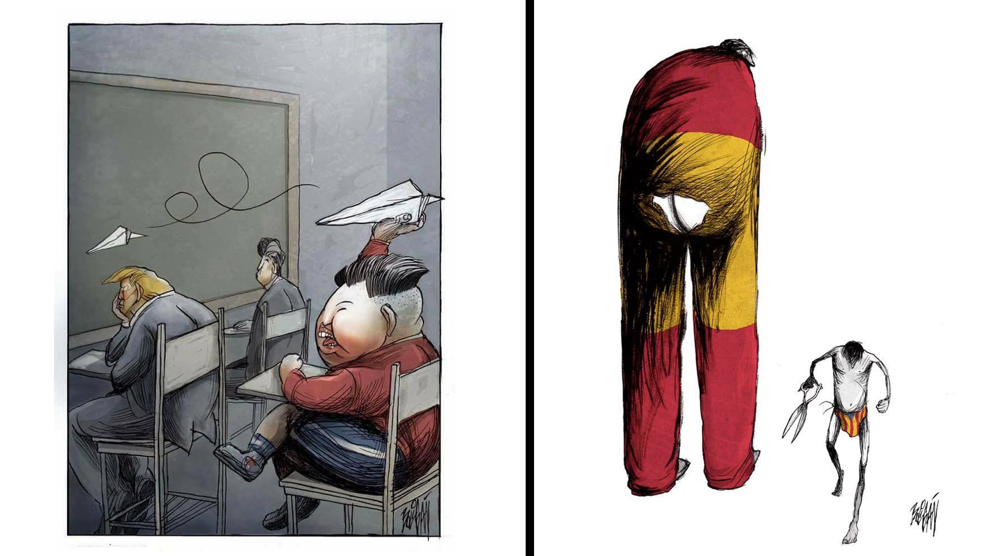Left: Kim Jong-Un as the class bully, El Universal Opinion, Mexico,  September 2, 2017.   Right: Catalonia removes a key piece of Spain, El Universal Opinion, Mexico, October 14, 2017.