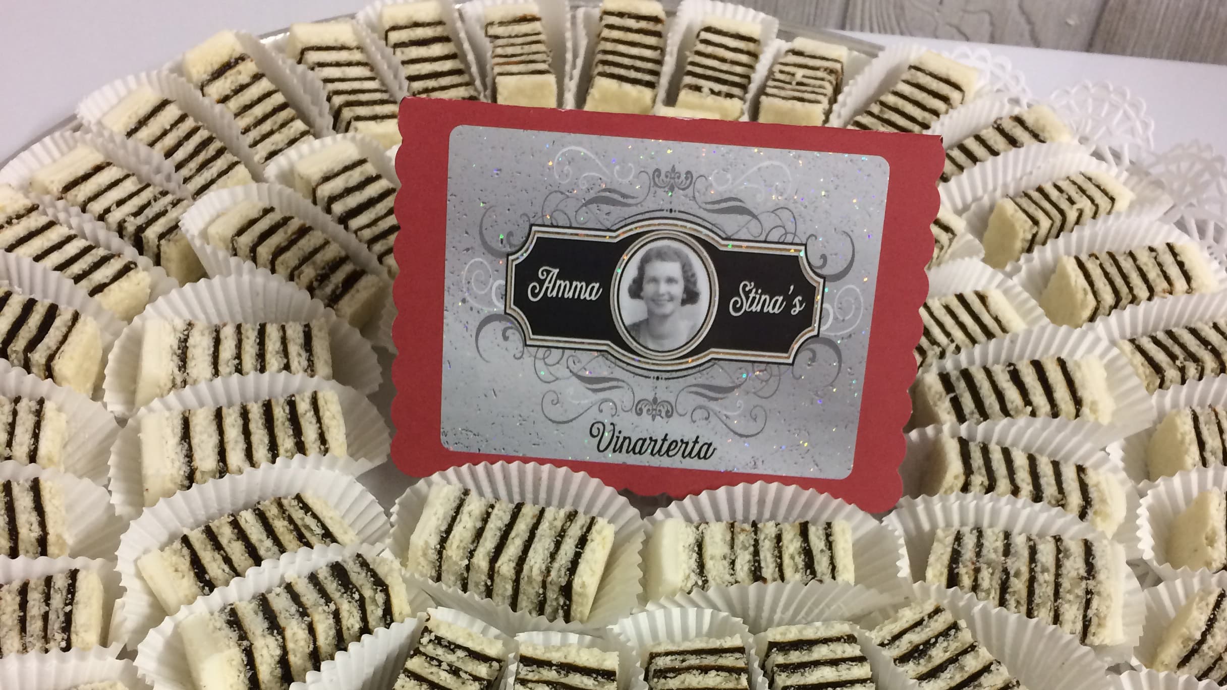 This 7-layer torte cake is called a vinarterta and it's an Icelandic recipe.