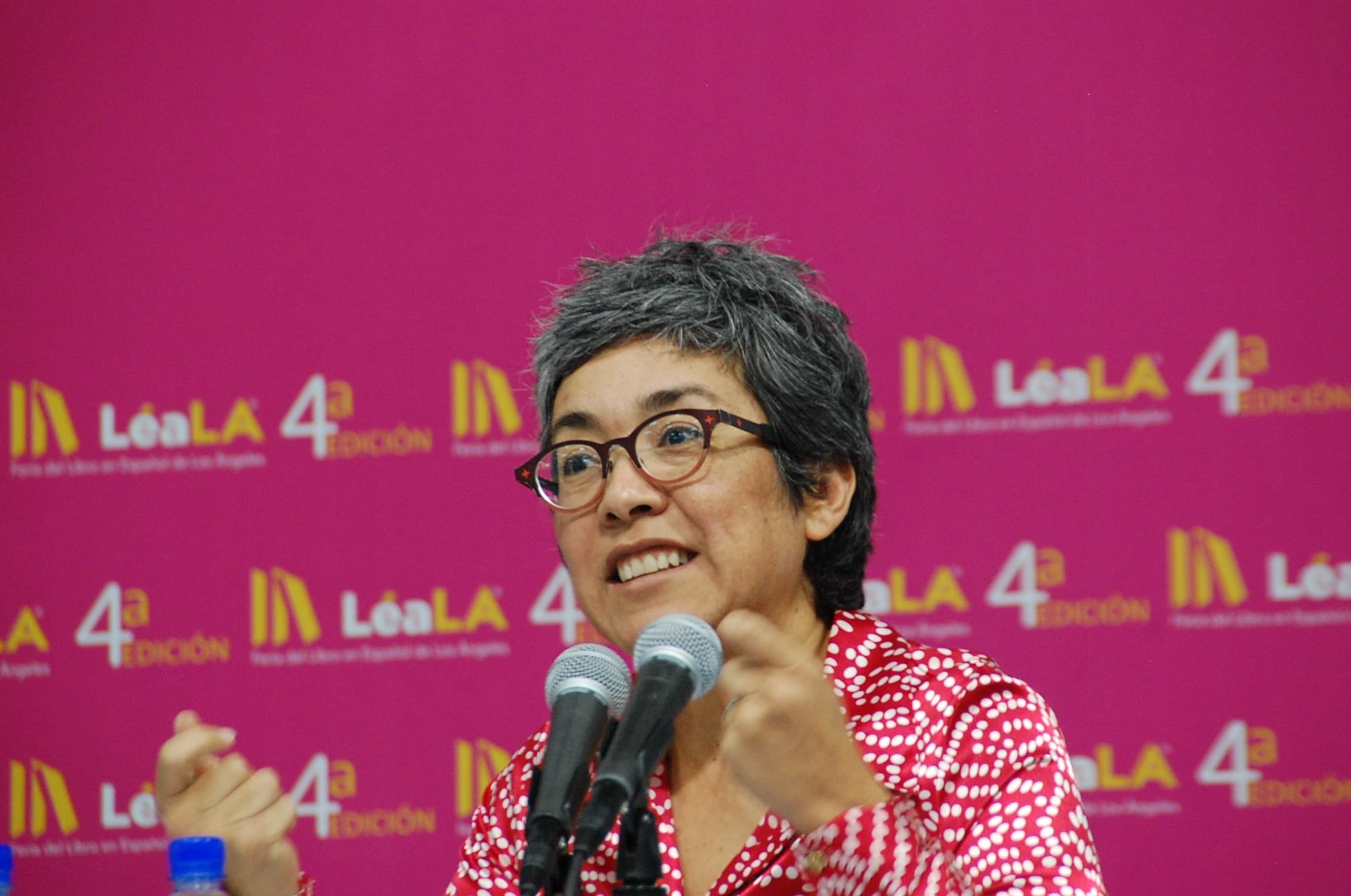 Mexican author Cristina Rivera Garza speaking in Los Angeles