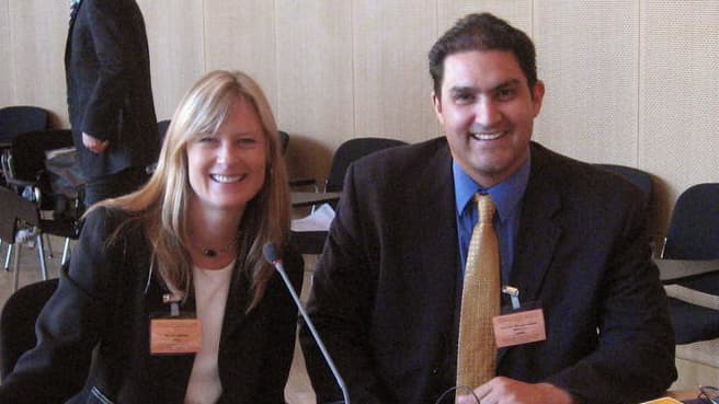 Pamela Brown and Mariano Nuñez at a Hague conference on private international law. They've been working on cross-border child abduction cases together for 15 years.