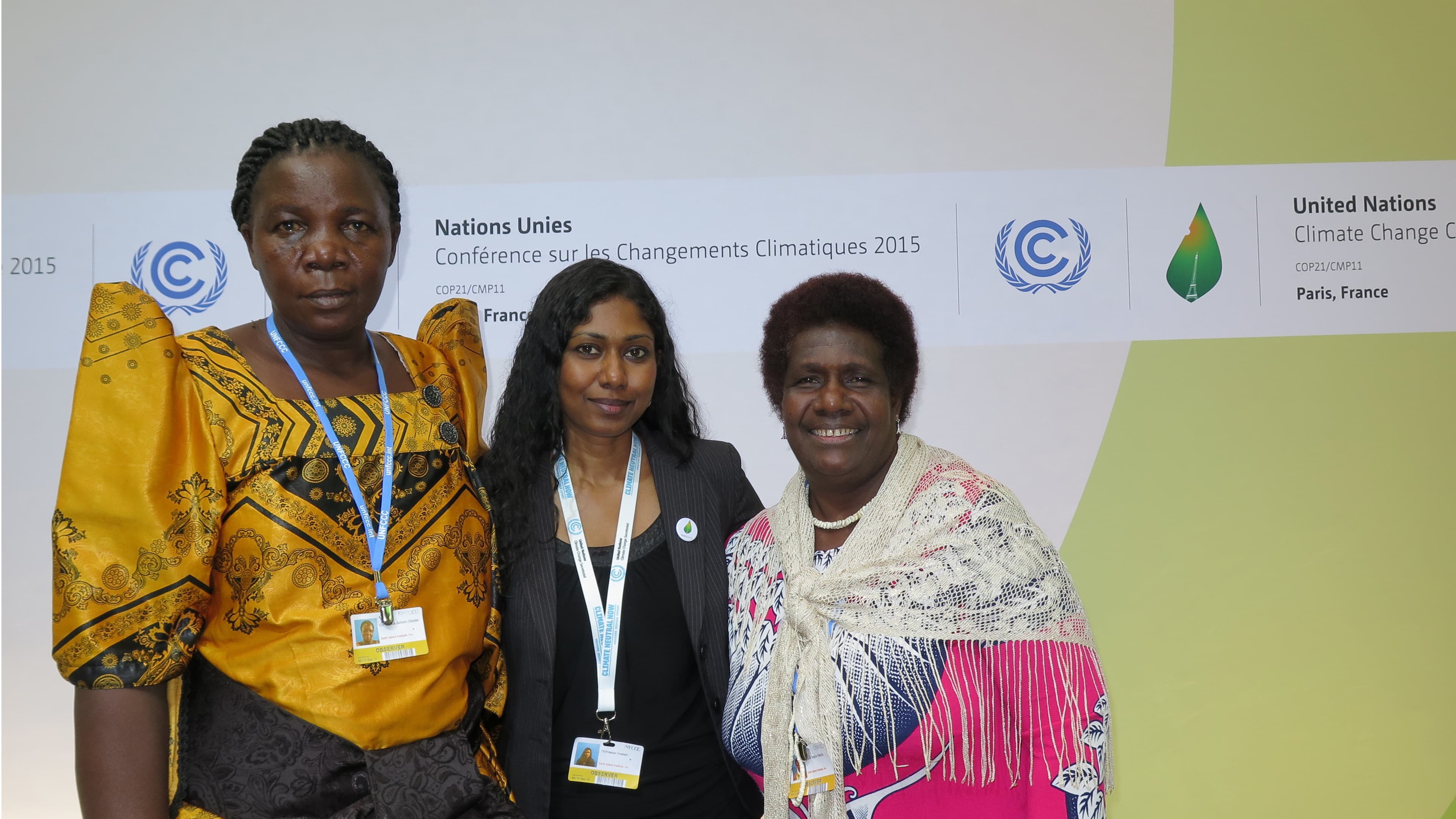 Constance Okollet, Thilmeeza Hussain and Ursula Rakova have observer status at the UN climate change summit this week in Paris as part of the organization Climate Wise Women. They are appealing to national leaders here to listen to the voices of the peopl