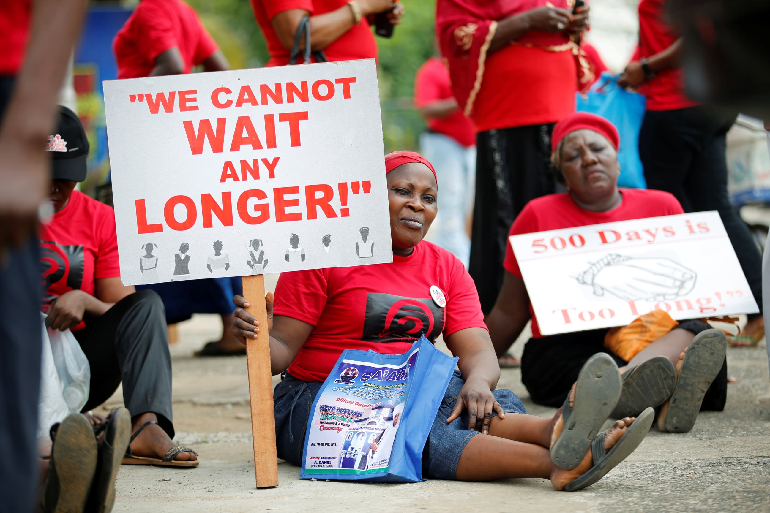 Women carrying placards attend a street protest campaigning for the rescue of abducted Chibok girls, in  Lagos, Nigeria April 14, 2016, the second anniversary of their kidnapping by Boko Haram.
