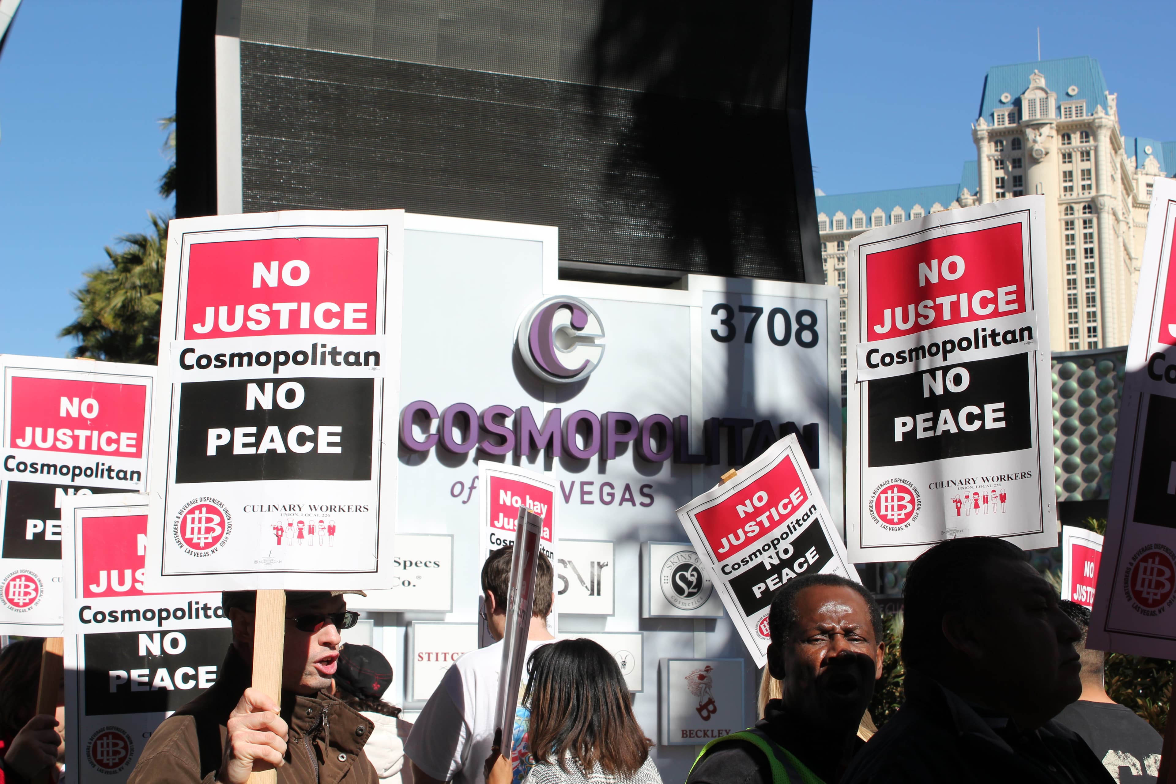 Las Vegas workers picketing The Cosmopolitan hotel in Las Vegas, Jan. 31, 2014. Thousands, from The Cosmo and other union hotels, have regularly been picketing demanding better compensation and benefits.