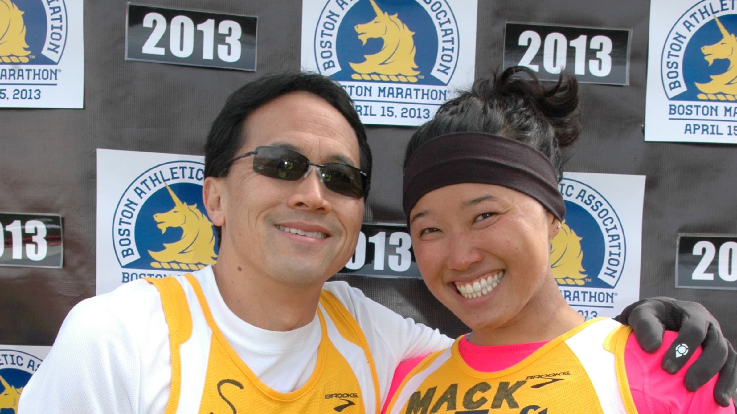 Steven and Mackenzie Loy at the start of the 2013 Boston Marathon. She was stopped a mile short of the finish line after the race was bombed.