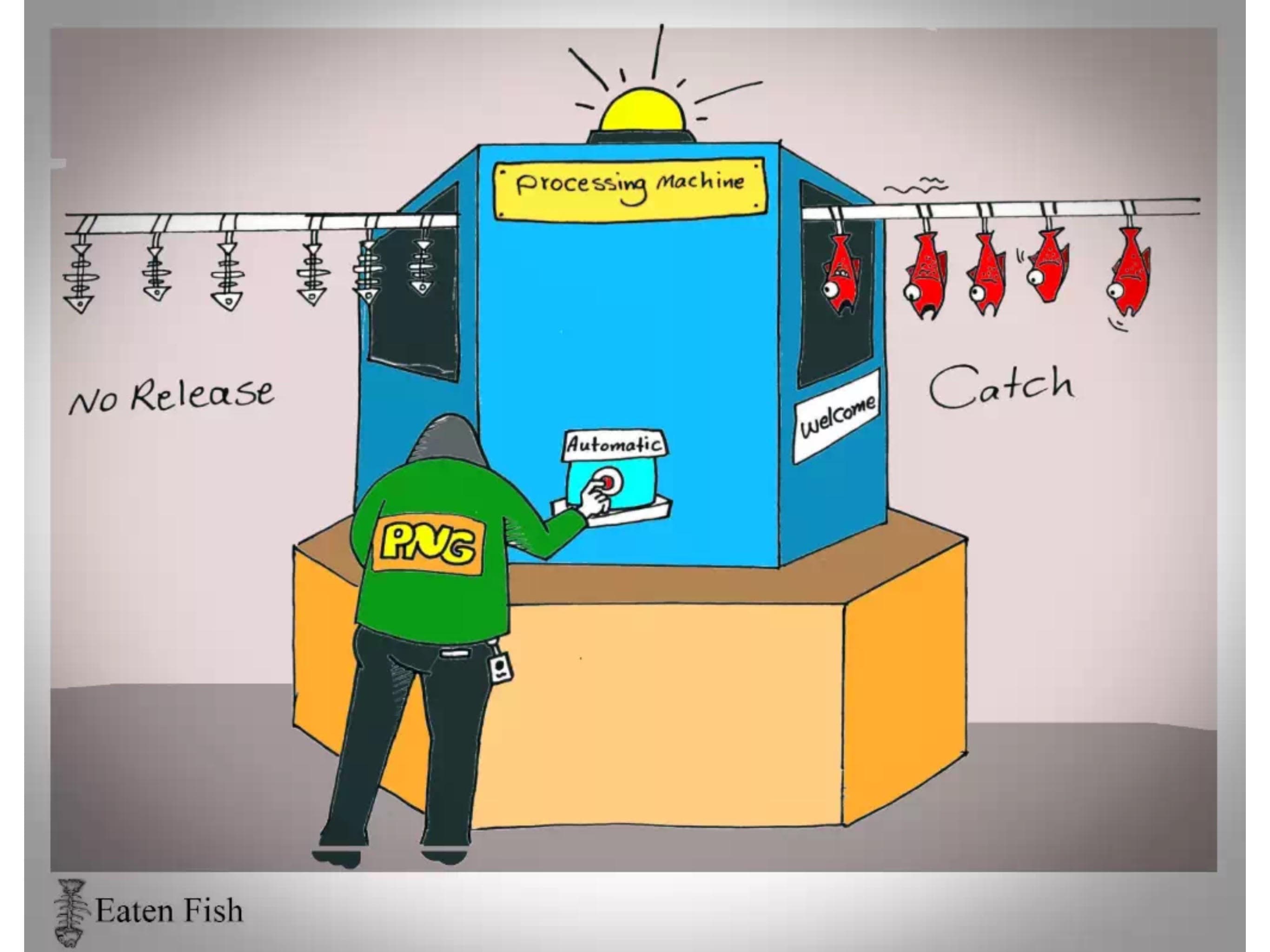 This cartoon by Eaten Fish is playing off the name of the Australian-funded offshore detention camp in Papua New Guinea where the Iranian cartoonist is being held. It's called the Manus Regional Processing Centre but many hundreds of the aslylum seekers t