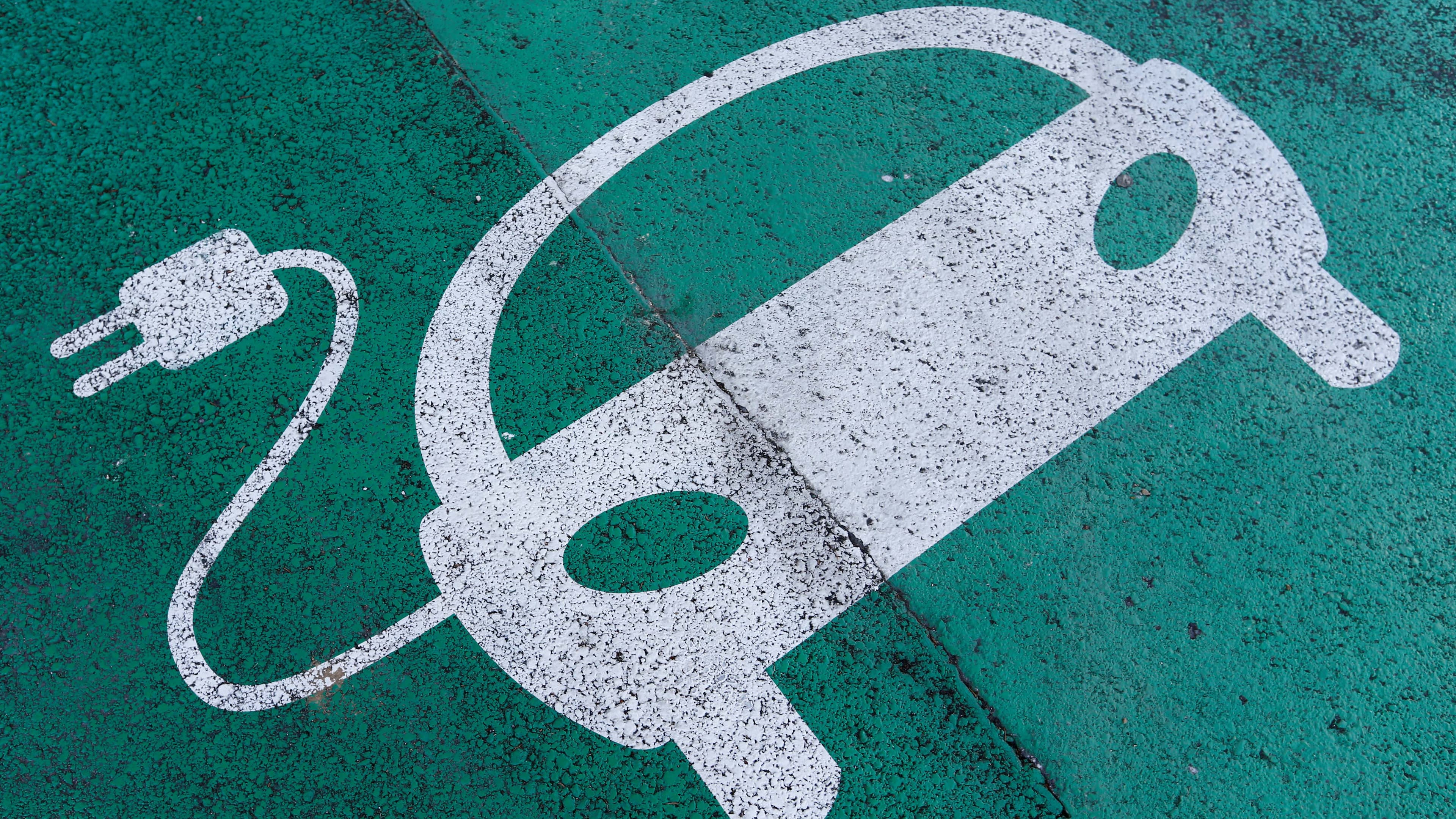 A sign for an electric car charging station at the United Nations in Geneva, Switzerland.
